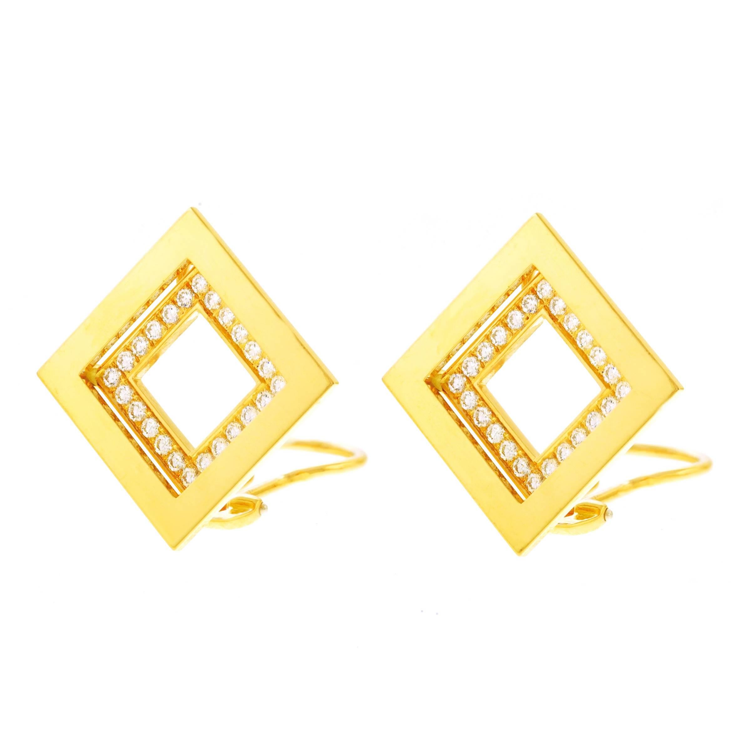 Blochliger Diamond Set Modernist Gold Earrings In Excellent Condition In Litchfield, CT