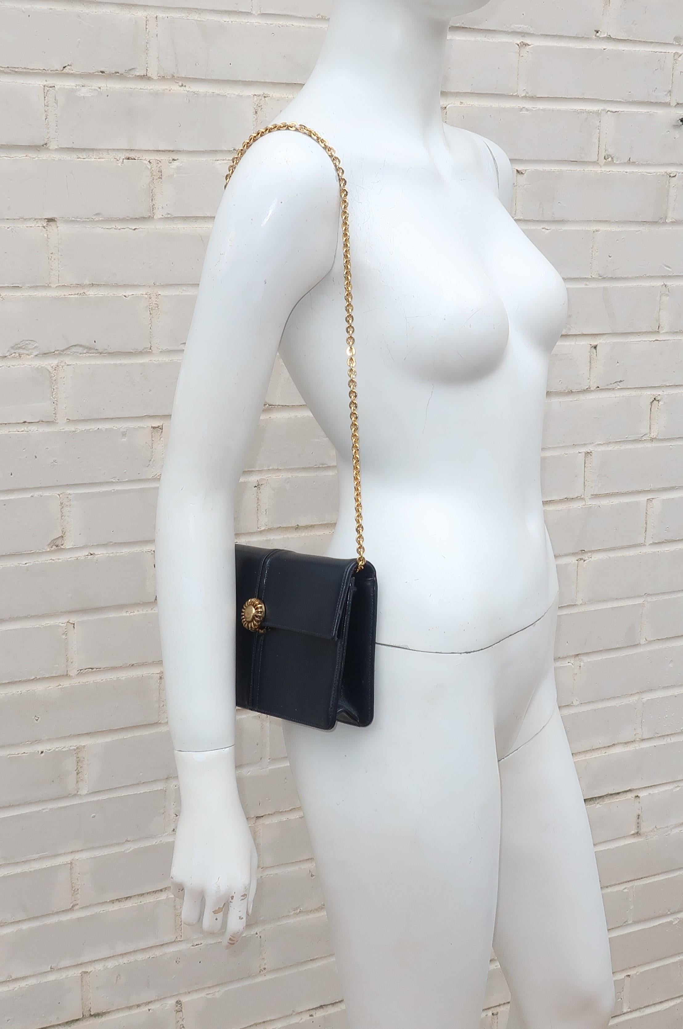 Block Black Leather Handbag With Gold Chain Strap, 1960's 3