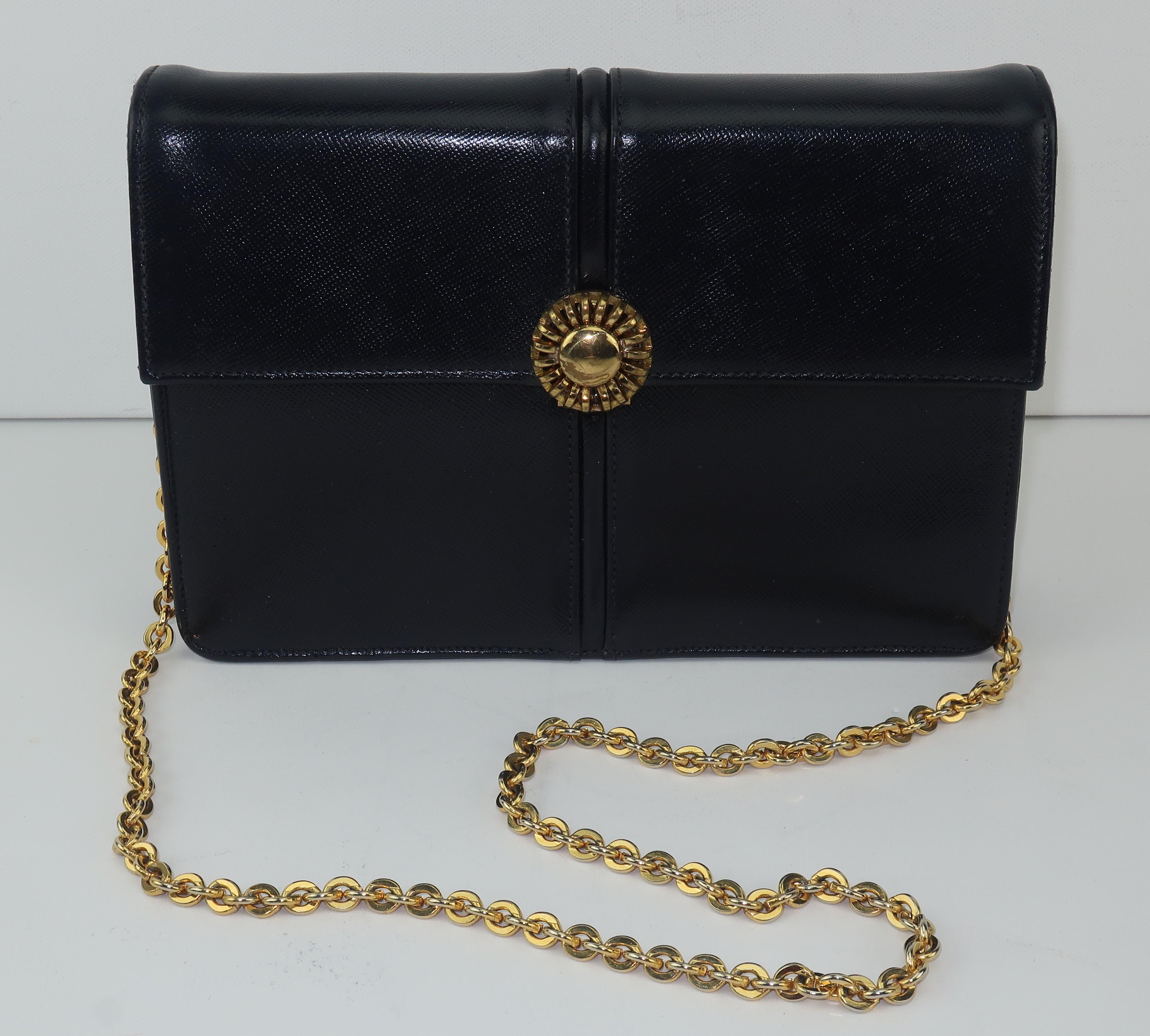 black leather handbag gold chain strap