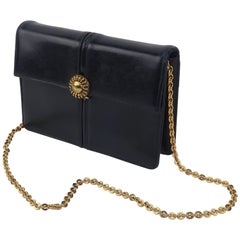 Vintage Block Black Leather Handbag With Gold Chain Strap, 1960's