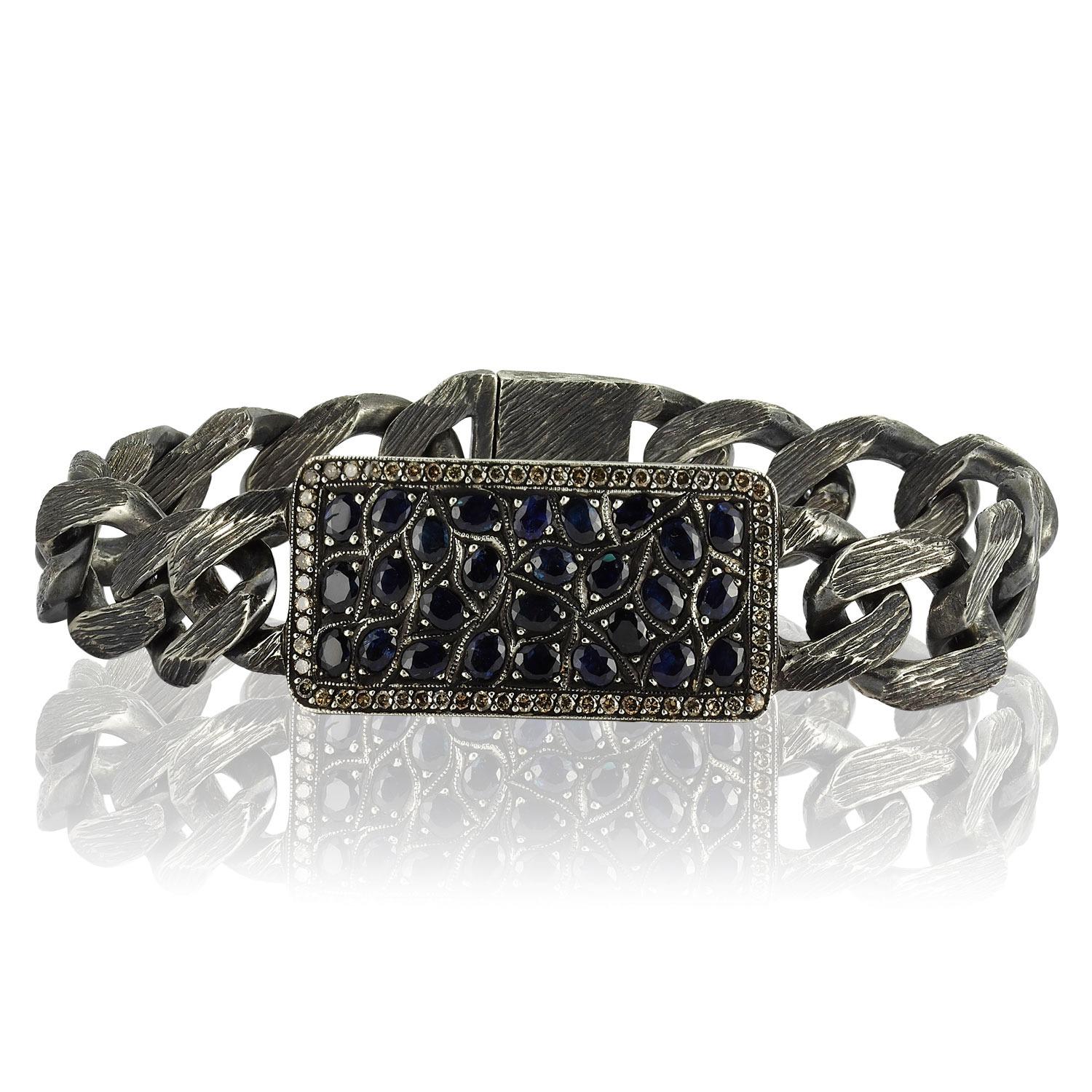 Brilliant Cut Handmade Oxidised Silver Tag Blokchain Bracalet with Pave Sapphires For Sale