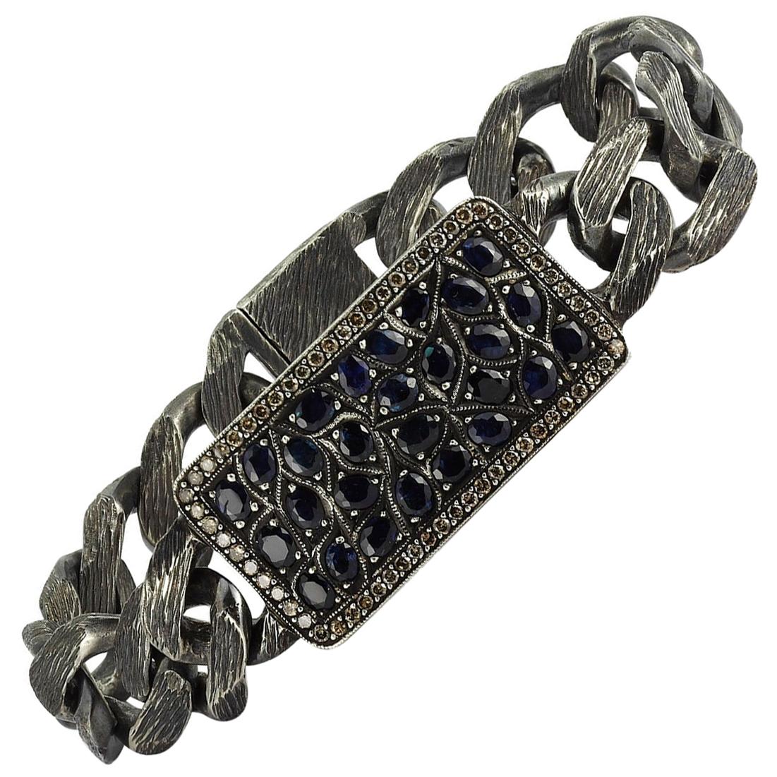 Handmade Oxidised Silver Tag Blokchain Bracalet with Pave Sapphires