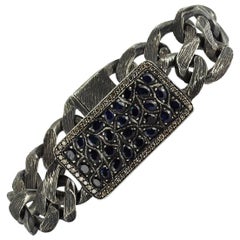 Handmade Oxidised Silver Tag Blokchain Bracalet with Pave Sapphires