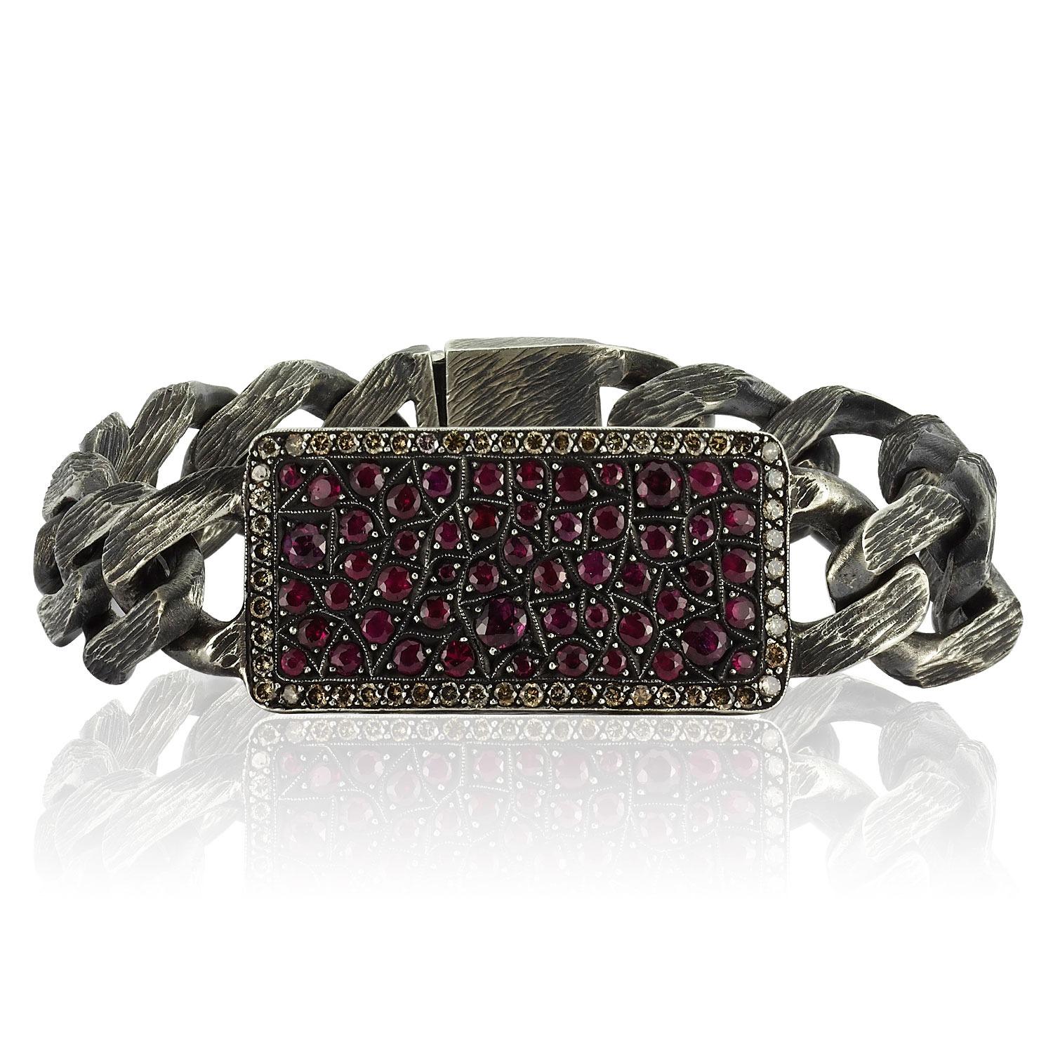 Handmade Oxidised Silver Tag Blockchain Bracalet with Brilliant Cut Pave Ruby In New Condition For Sale In ISTANBUL, TR