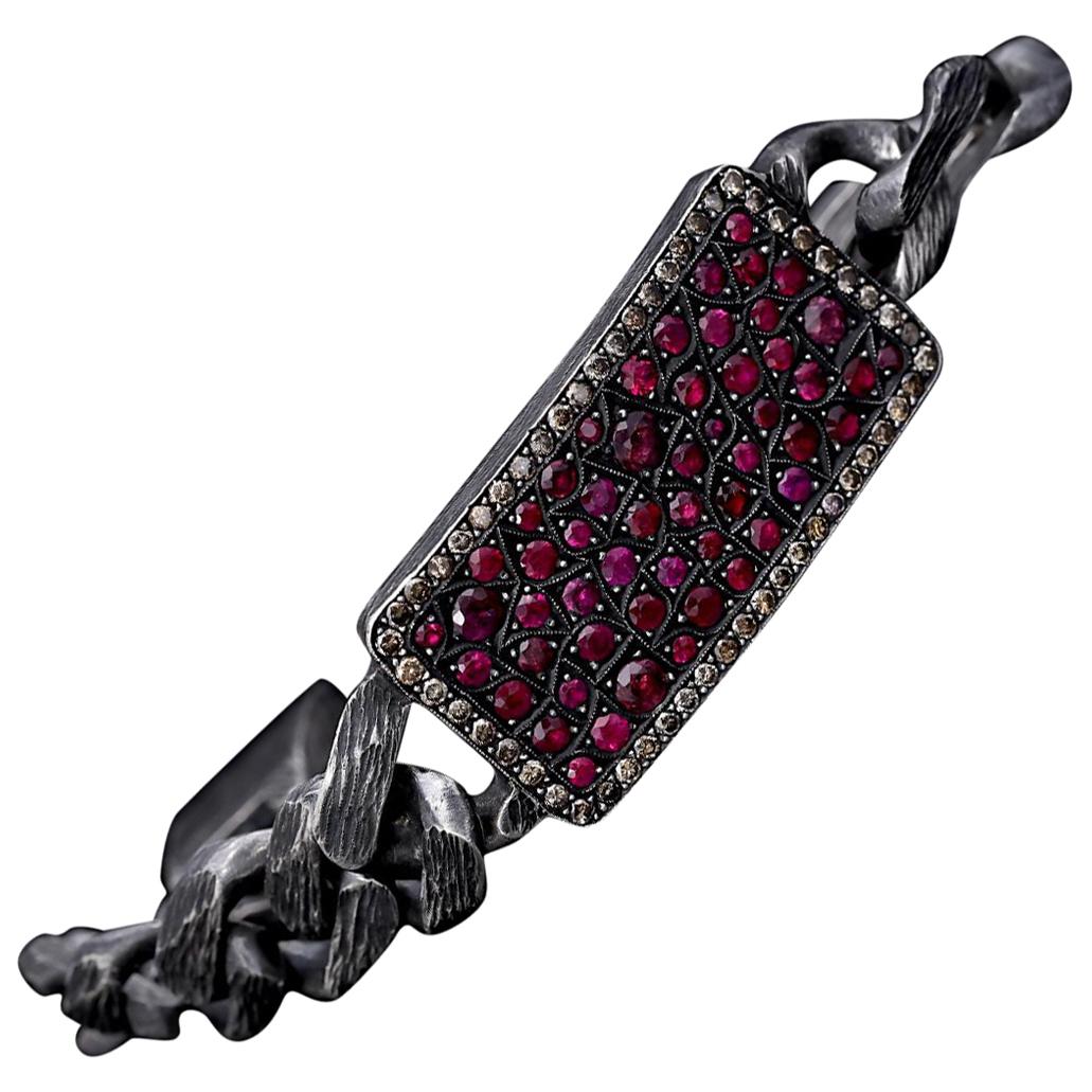 Handmade Oxidised Silver Tag Blockchain Bracalet with Brilliant Cut Pave Ruby For Sale