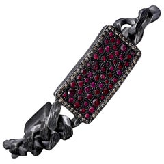 Used Handmade Oxidised Silver Tag Blockchain Bracalet with Brilliant Cut Pave Ruby