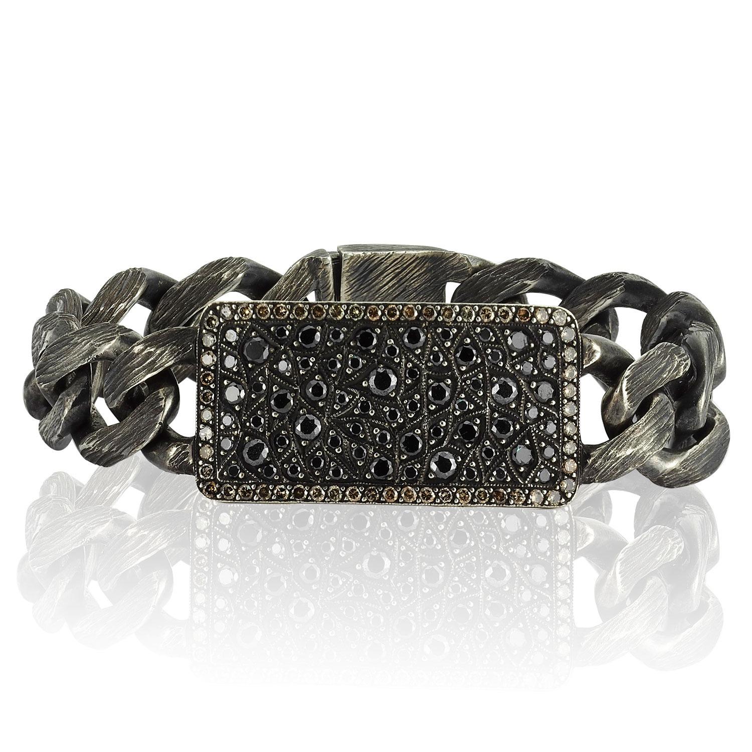 Brilliant Cut Block Chain Collection, Bracelet, 70 gm Silver, 4.70 Carat Black Diamonds