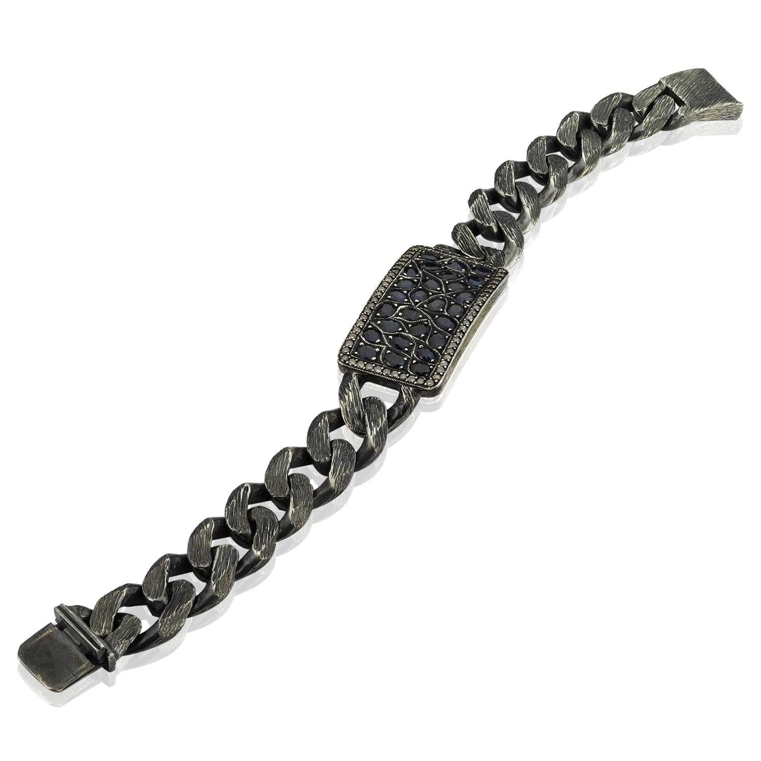 Contemporary Handmade Oxidised Silver Tag Blokchain Bracalet with Pave Sapphires For Sale