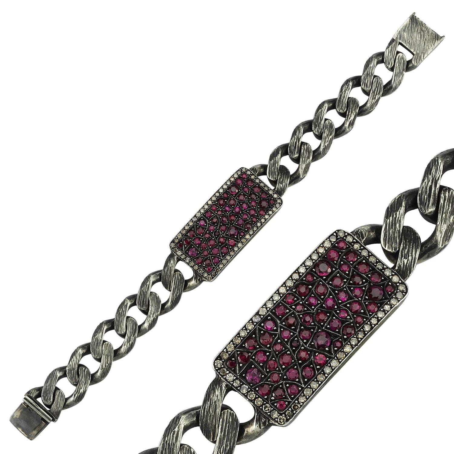 Contemporary Handmade Oxidised Silver Tag Blockchain Bracalet with Brilliant Cut Pave Ruby For Sale