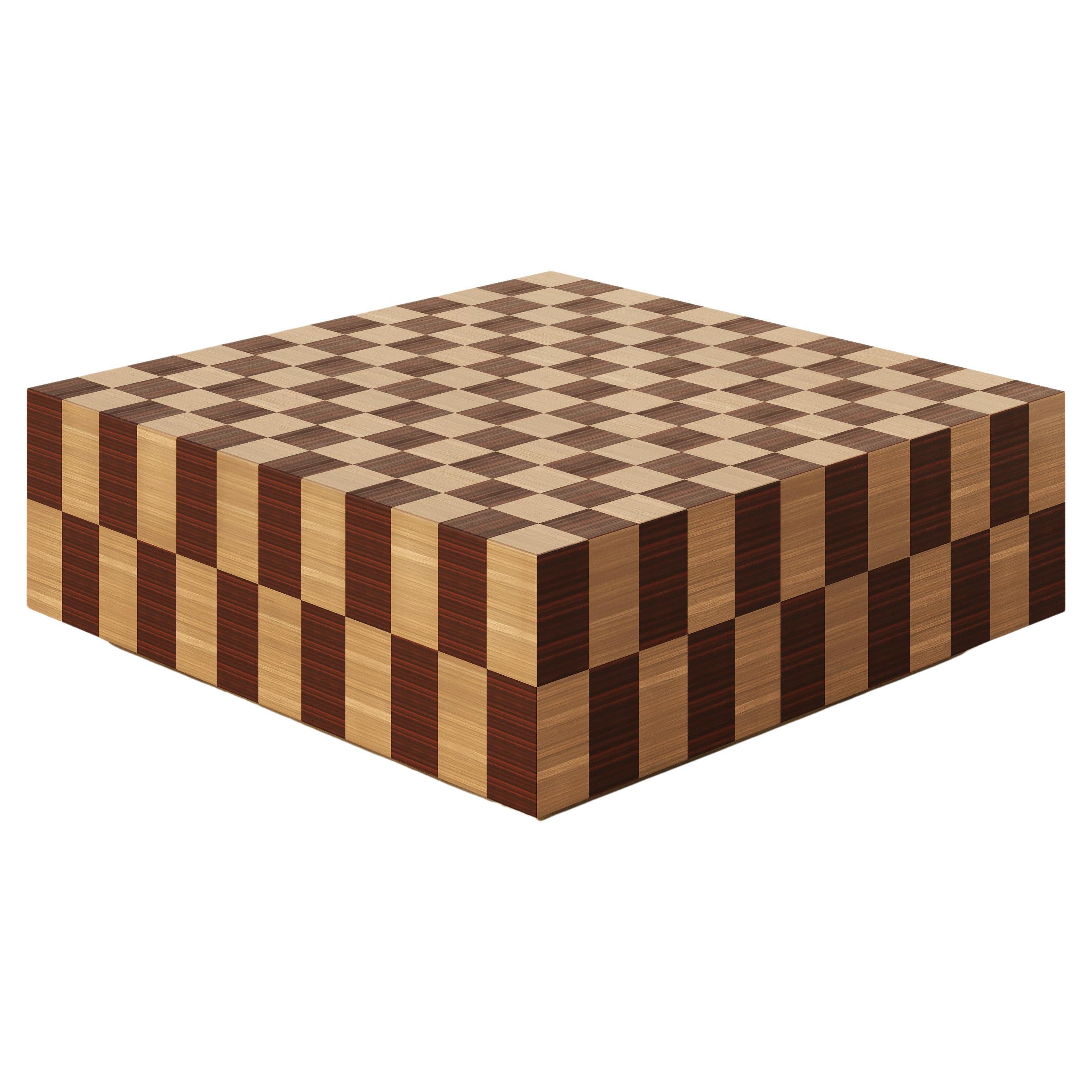 "Block" Side Coffee Table Straw Marquetry Inlay Handcrafted Checkerboard Red 
