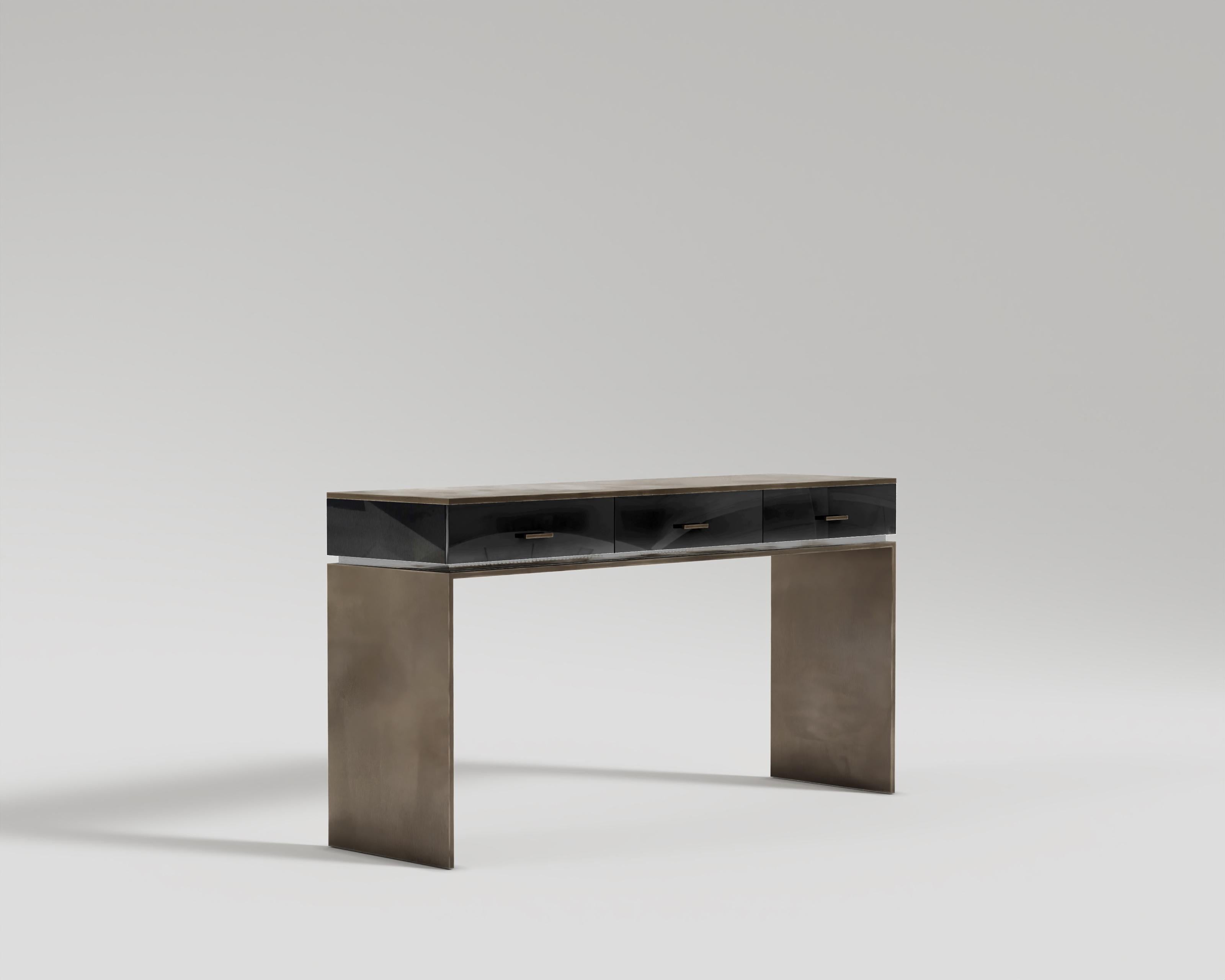 Art déco Table console Block en bronze patiné et laque noire  en vente