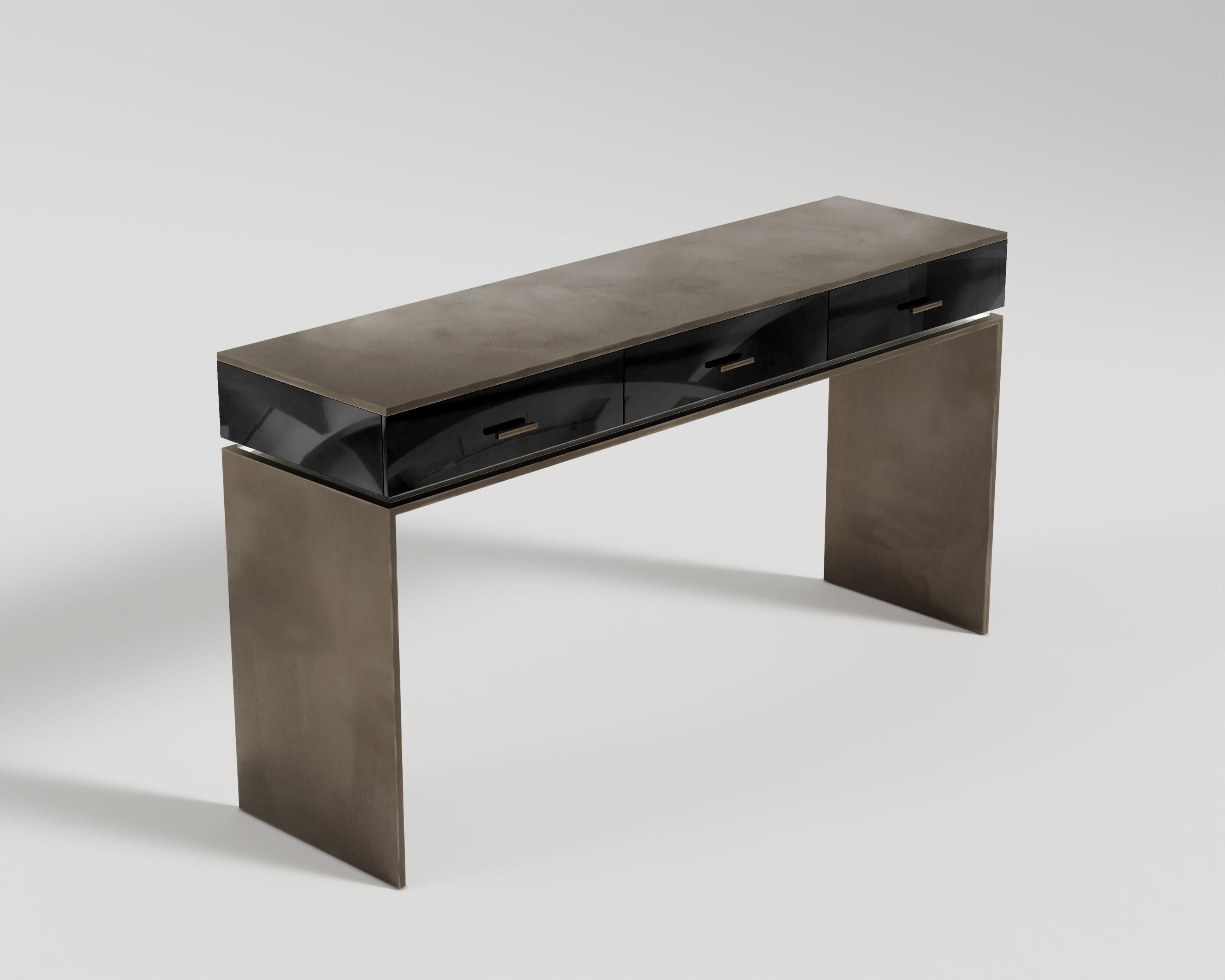 Turkish Block Console Table in Patina Bronze and Black Lacquer  For Sale