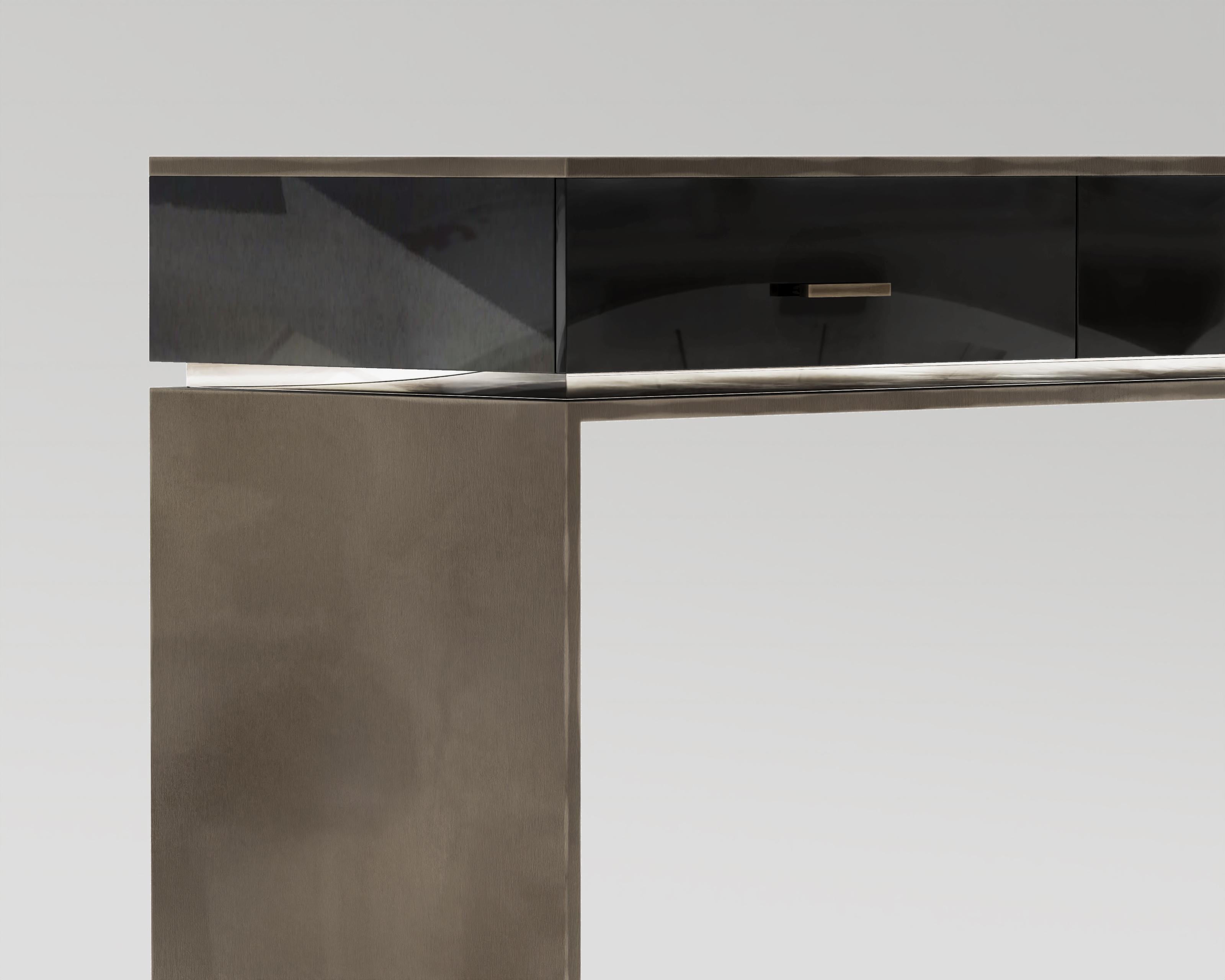 Blackened Block Console Table in Patina Bronze and Black Lacquer  For Sale