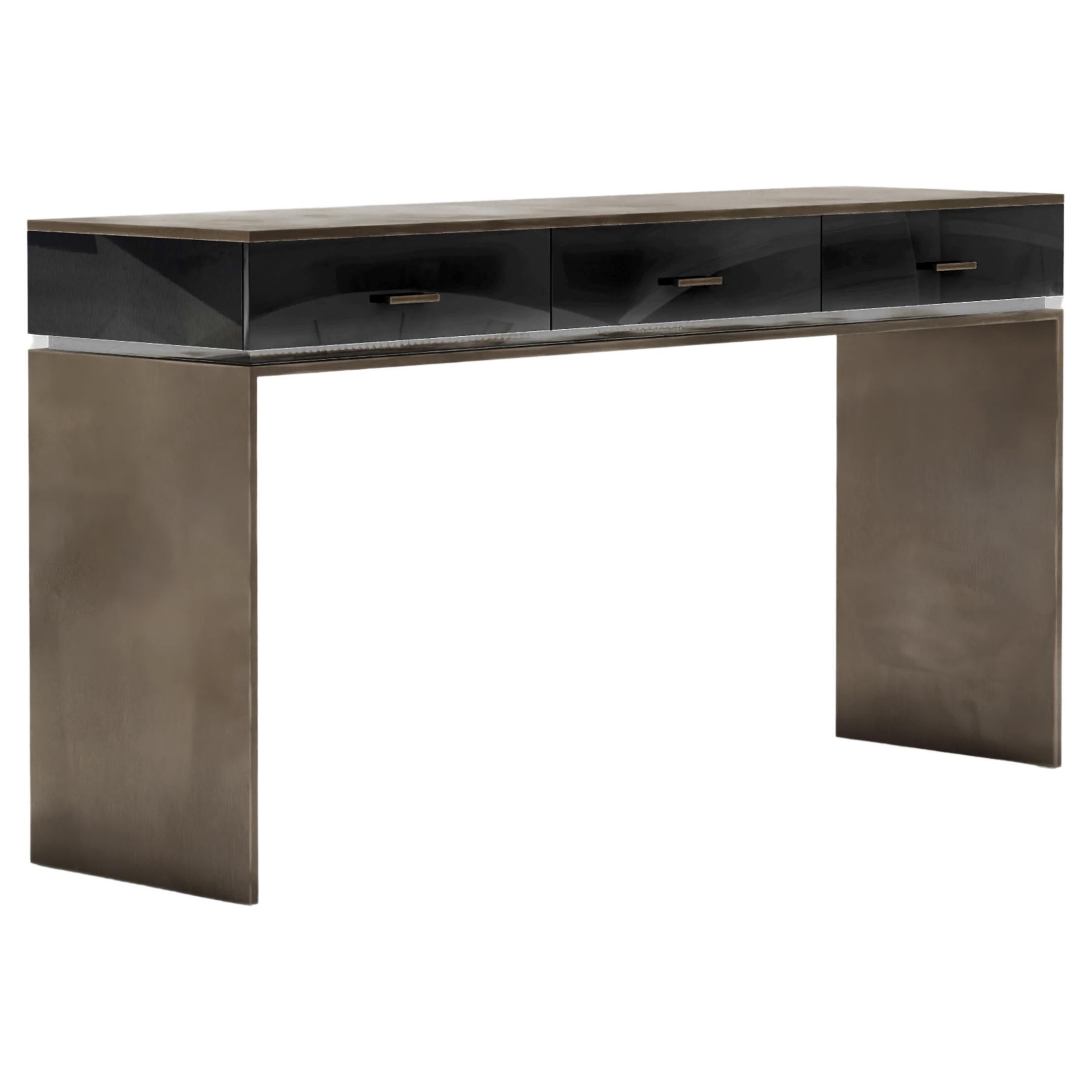 Block Console Table in Patina Bronze and Black Lacquer  For Sale