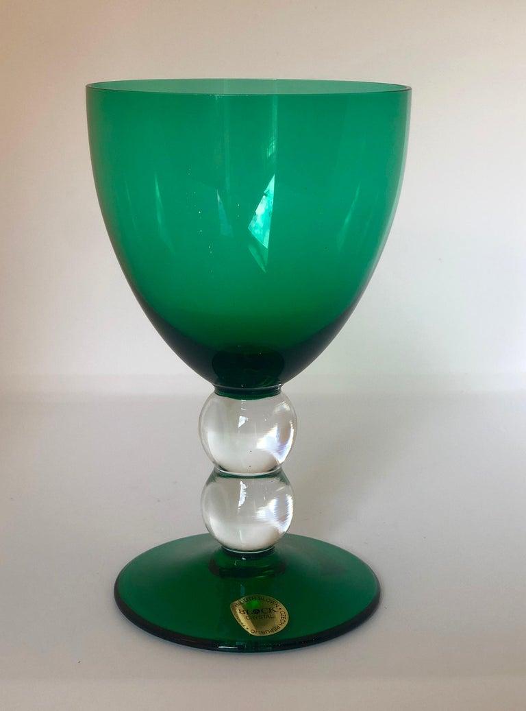 Block Crystal Set of 4 Emerald Green Blown Goblets with Clear Bubble Glass Stems For Sale 2