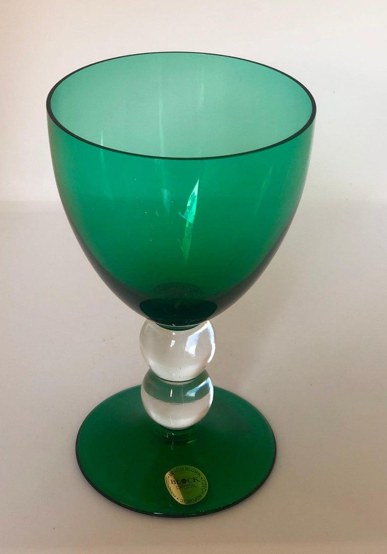 Block Crystal Set of 4 Emerald Green Blown Goblets with Clear Bubble Glass Stems For Sale 3