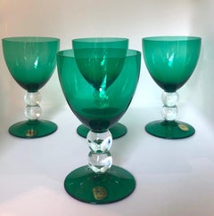 Block Crystal Set of 4 Emerald Green Blown Goblets with Clear Bubble Glass Stems