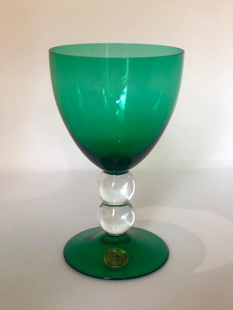 Czech Block Crystal Set of 4 Emerald Green Blown Goblets with Clear Bubble Glass Stems For Sale