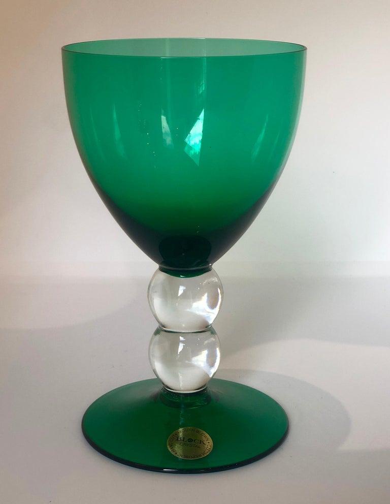 Blown Glass Block Crystal Set of 4 Emerald Green Blown Goblets with Clear Bubble Glass Stems For Sale