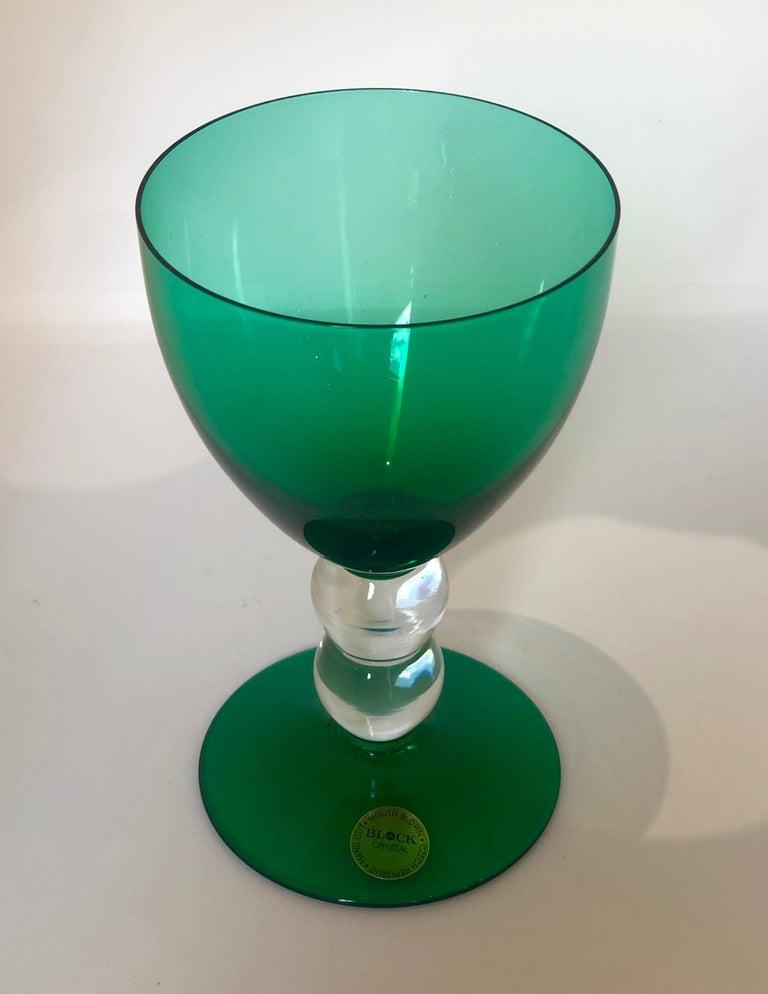 Block Crystal Set of 4 Emerald Green Blown Goblets with Clear Bubble Glass Stems For Sale 1