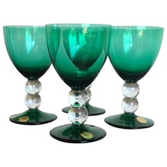 Retro Block Crystal Set of 4 Emerald Green Blown Goblets with Clear Bubble Glass Stems