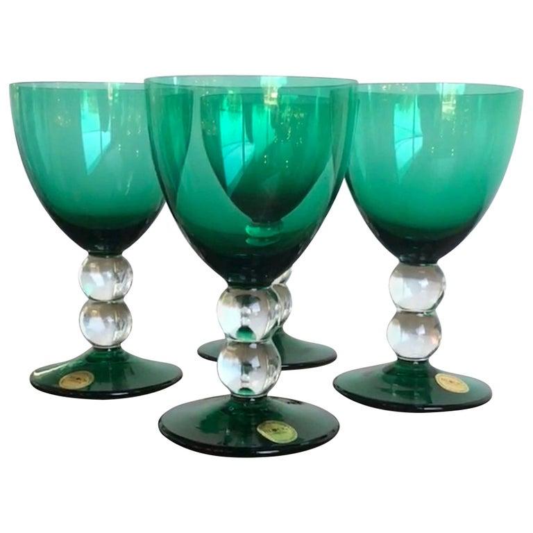 Block Crystal Set of 4 Emerald Green Blown Goblets with Clear Bubble Glass Stems For Sale