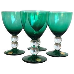 Block Crystal Set of 4 Emerald Green Blown Goblets with Clear Bubble Glass Stems