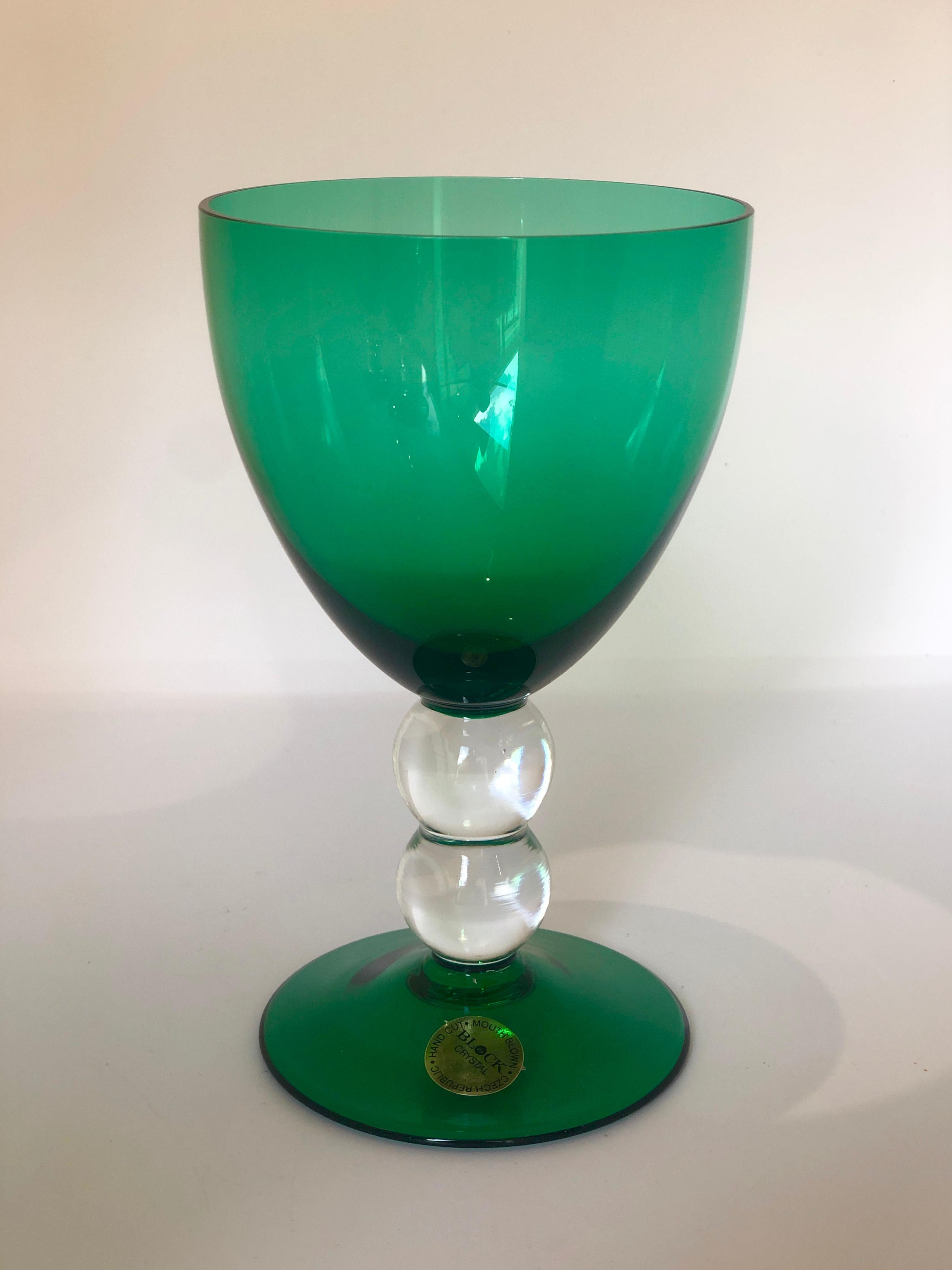 20th Century Block Crystal Set of 4 Emerald Green Blown Goblets with Clear Bubble Glass Stems
