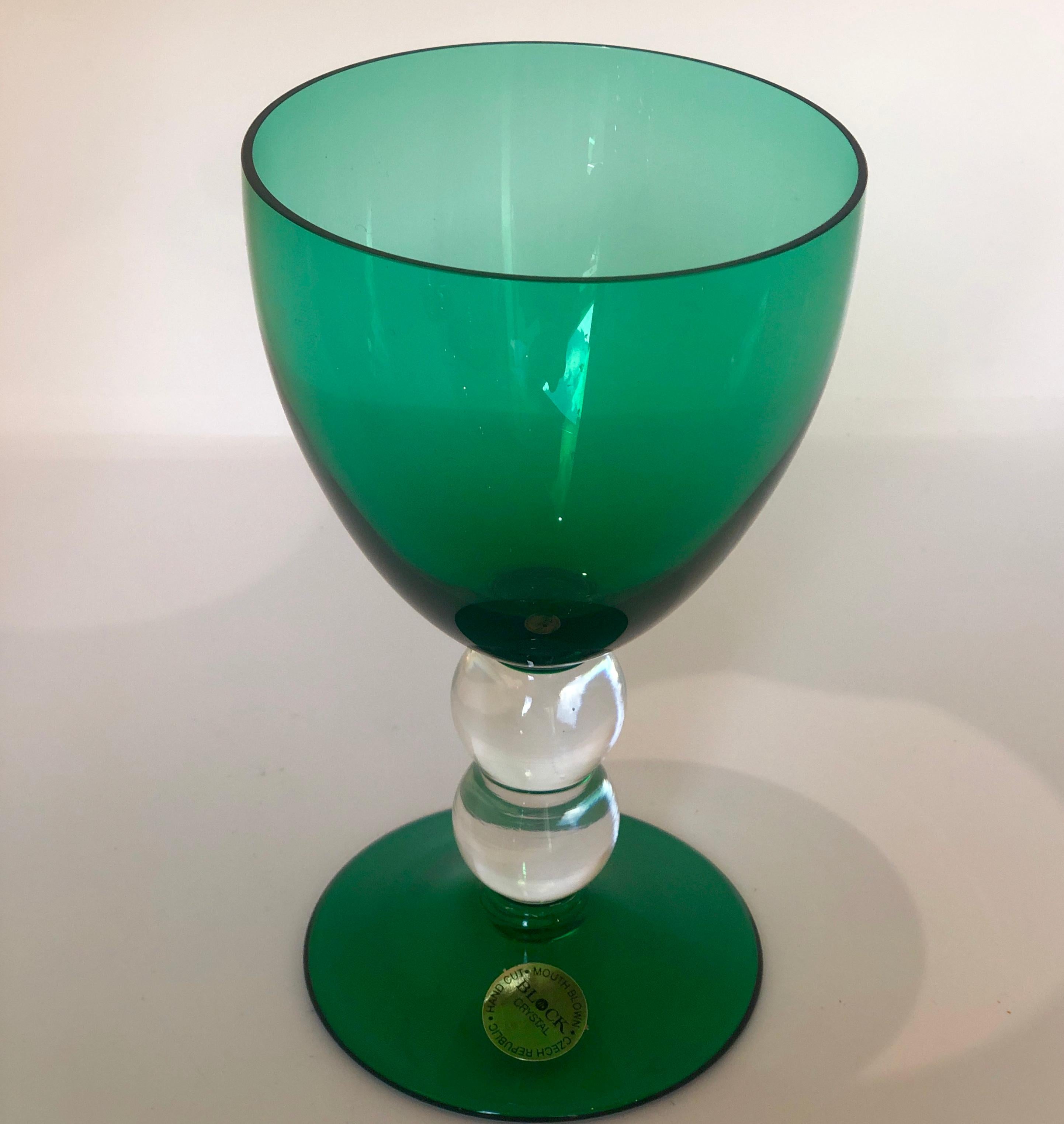 Blown Glass Block Crystal Set of 4 Emerald Green Blown Goblets with Clear Bubble Glass Stems