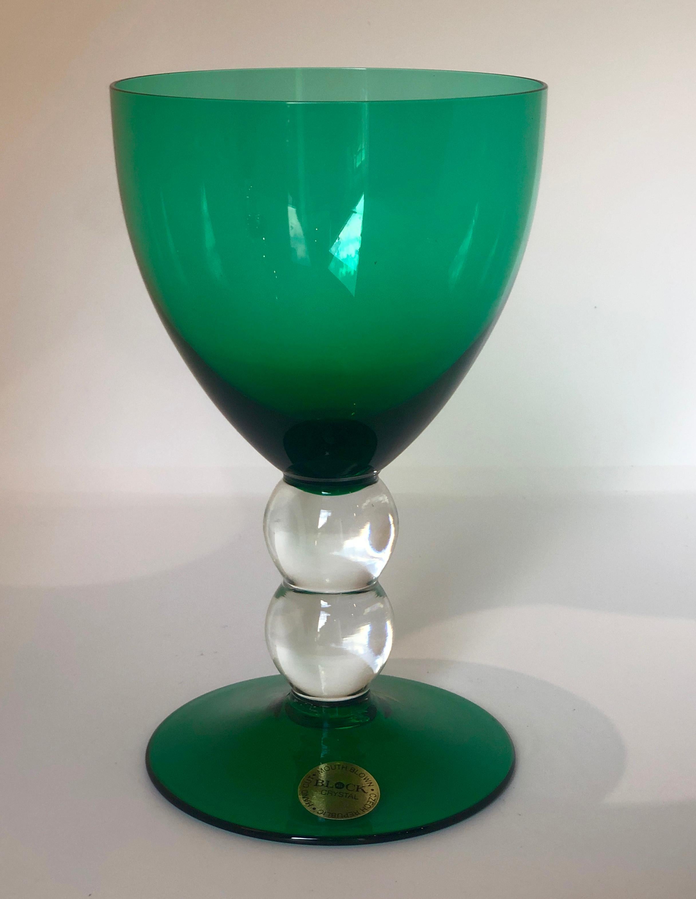 Block Crystal Set of 4 Emerald Green Blown Goblets with Clear Bubble Glass Stems 3