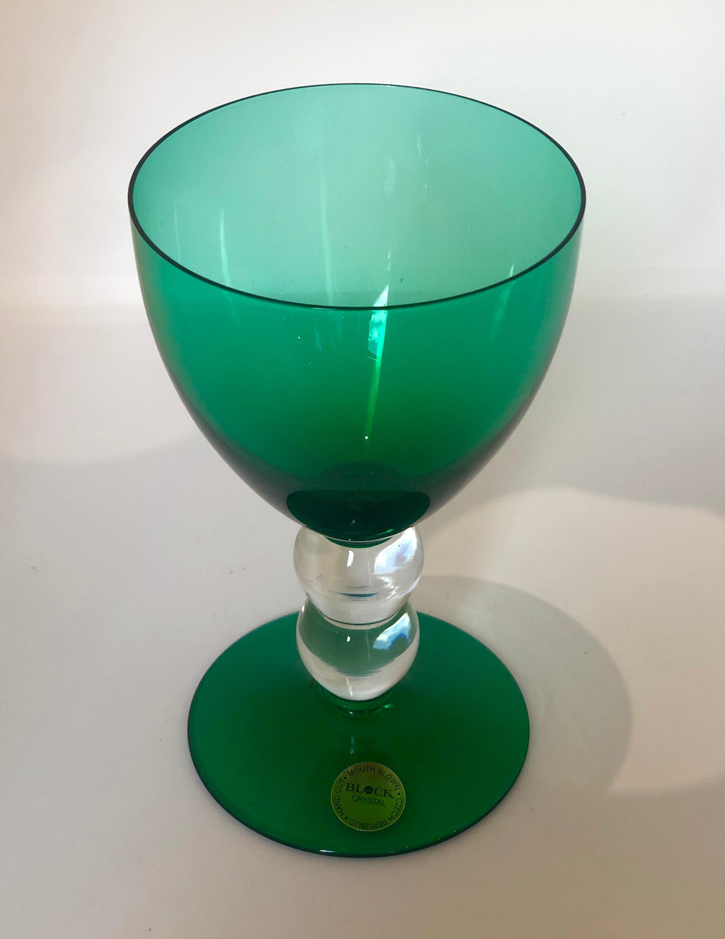 Block Crystal Set of 4 Emerald Green Blown Goblets with Clear Bubble Glass Stems 4