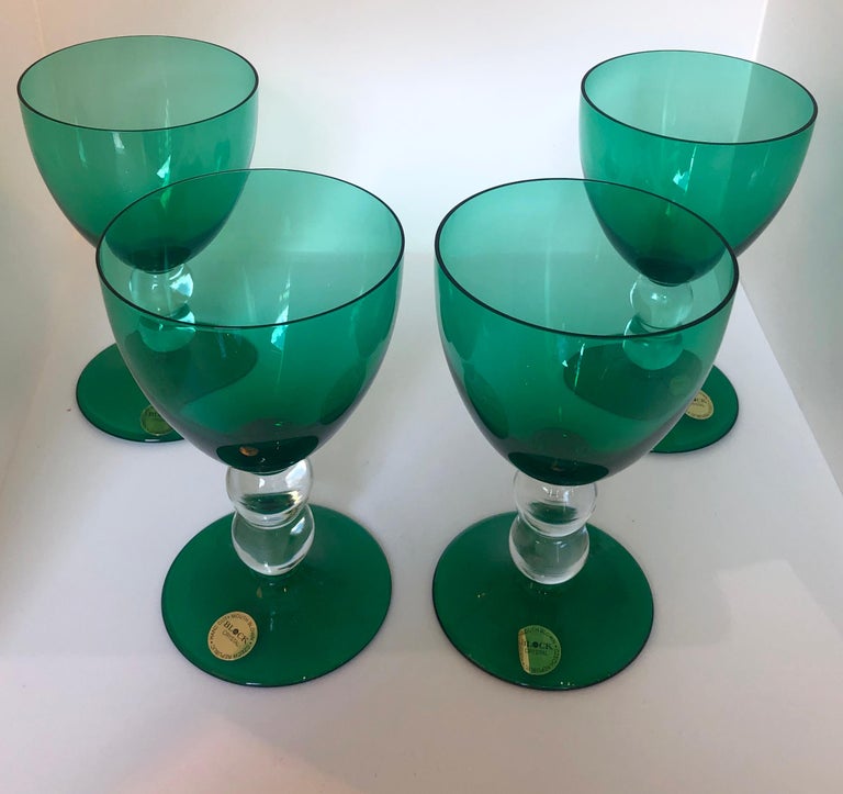 Block Crystal Set of 4 Emerald Green Blown Goblets with Clear Bubble