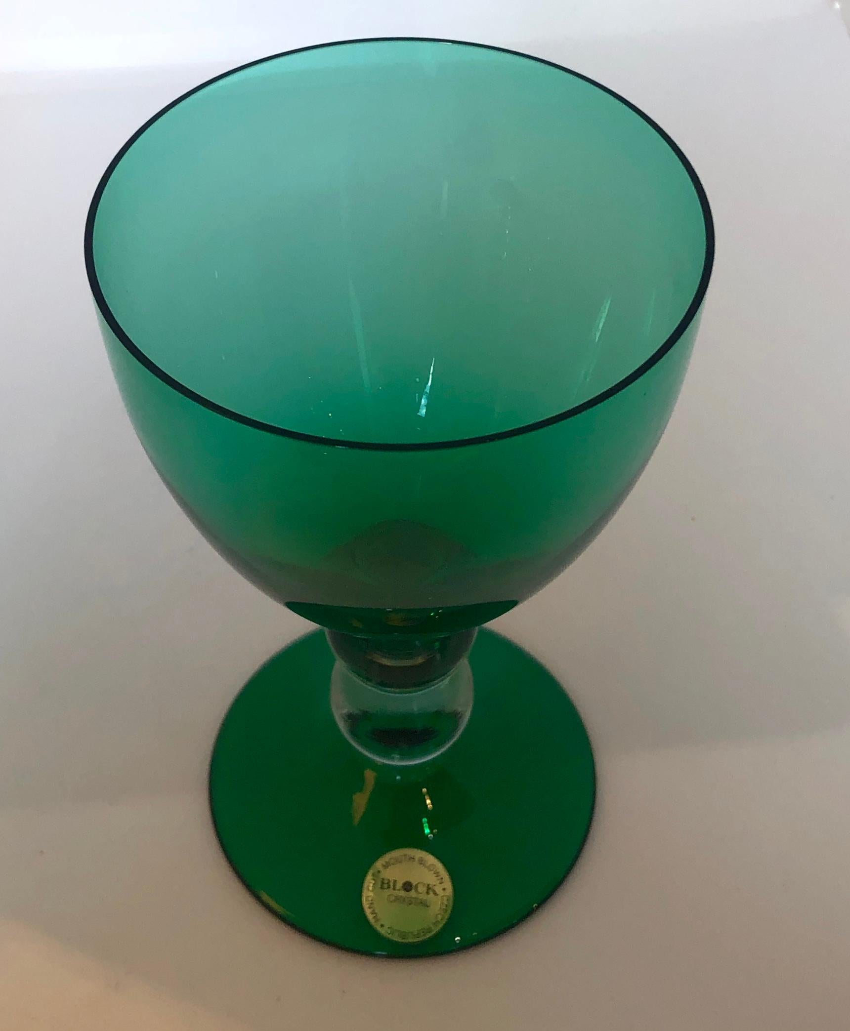 Mid-Century Modern Block Crystal Set of 4 Emerald Green Blown Goblets with Clear Bubble Glass Stems