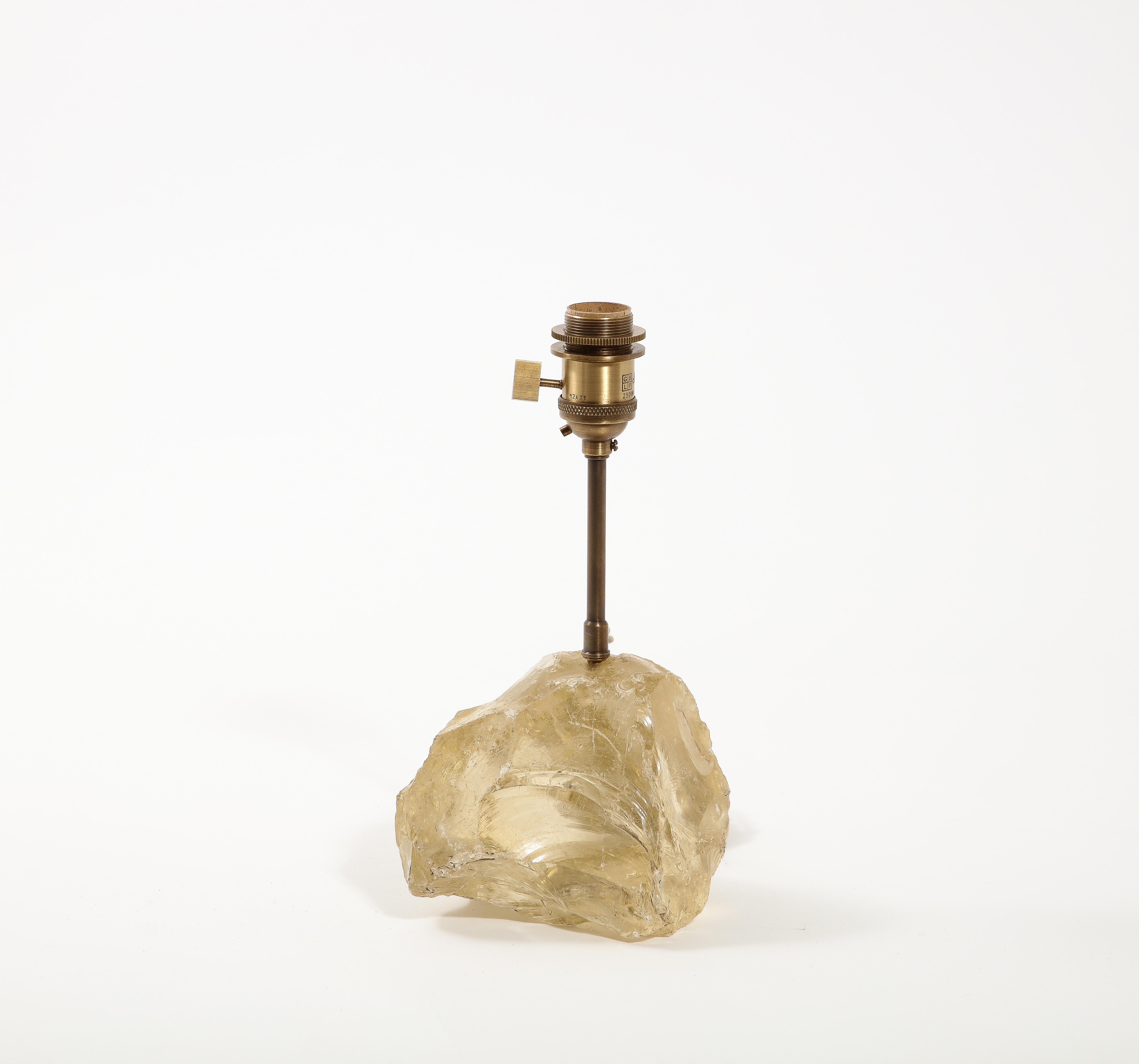 Brass Block Crystal Table Lamp in the Manner of JMF, France 1950's For Sale