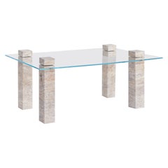 Block Form Silver Travertine Coffee Table with Clear Glass Top by RAFFINATO