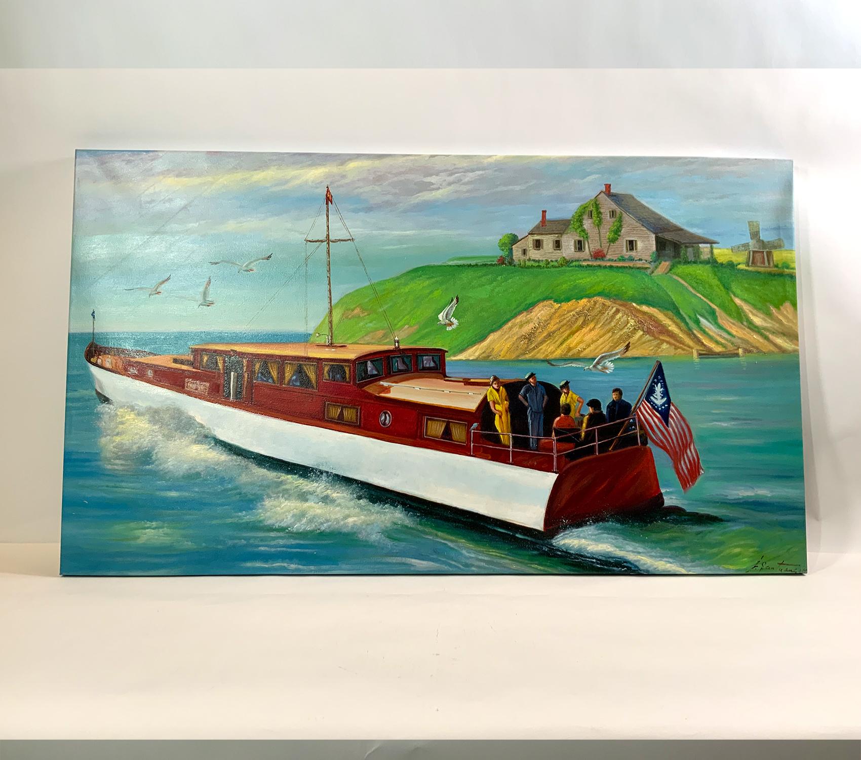Oil on canvas showing a motor yacht passing an island cottage on Block Island, Rhode Island. Yacht is flying a yacht ensign. Large piece. Gallery wrap over a crude frame.

Weight: 7 LBS
Overall Dimensions: 32” H x 56