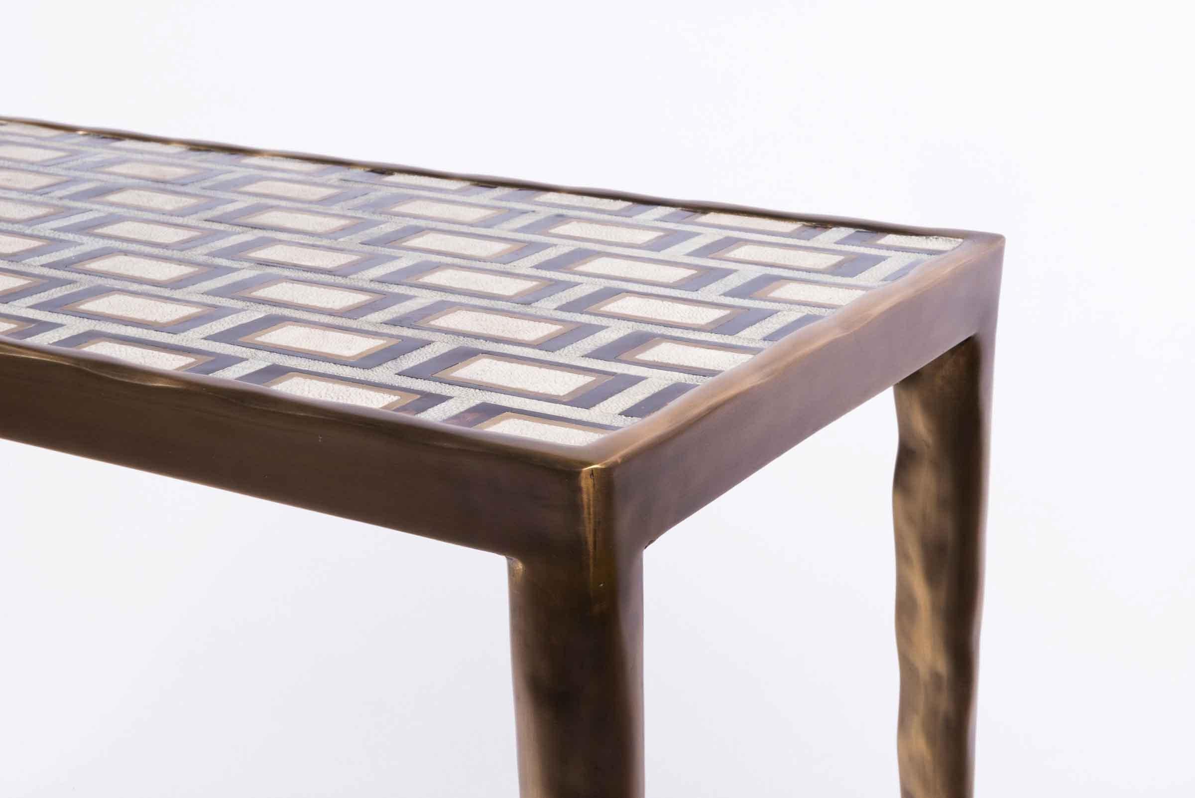 Art Deco Block Pattern Console in Shagreen, Shell & Bronze-Patina Brass by R&Y Augousti For Sale