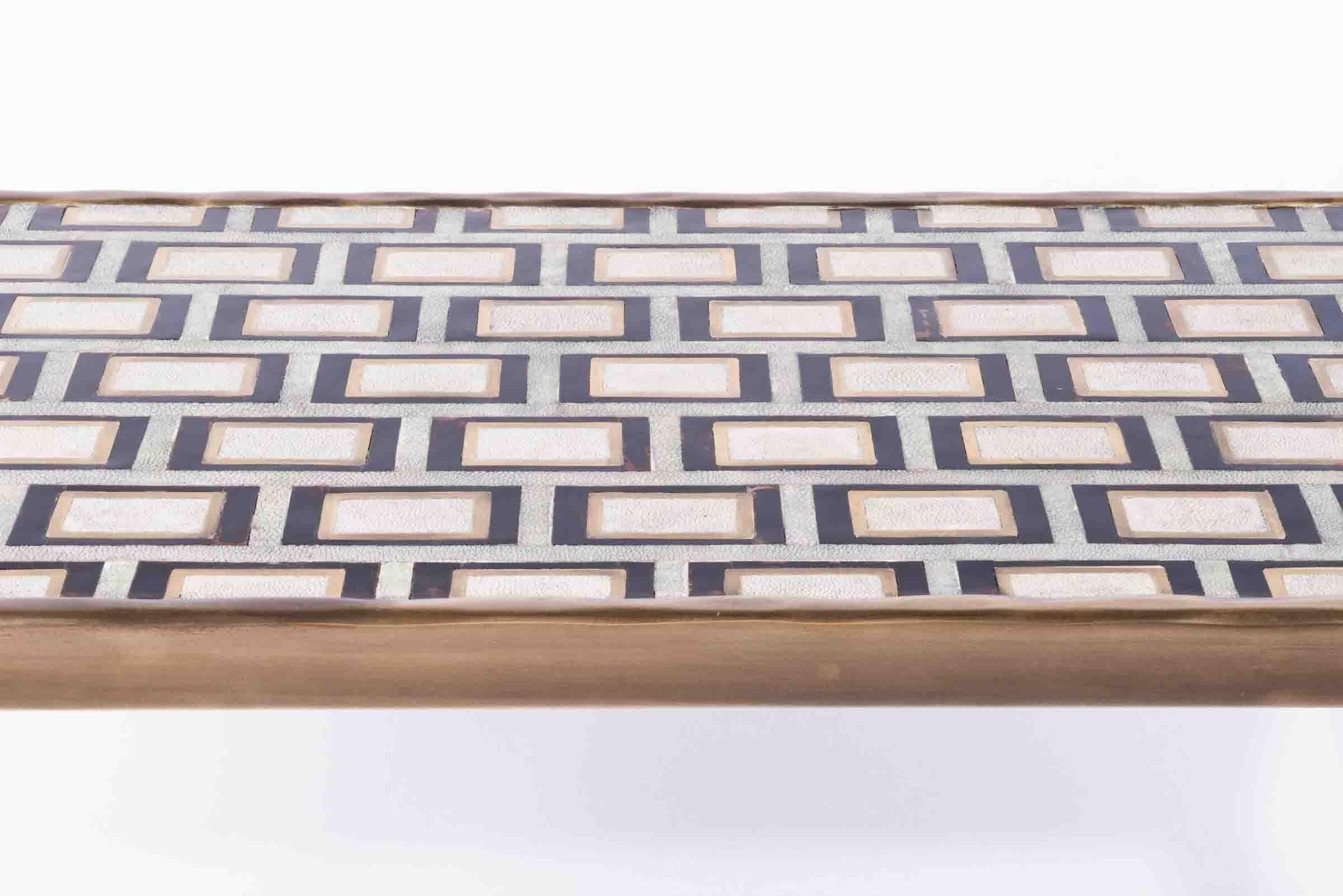 Hand-Crafted Block Pattern Console in Shagreen, Shell & Bronze-Patina Brass by R&Y Augousti For Sale