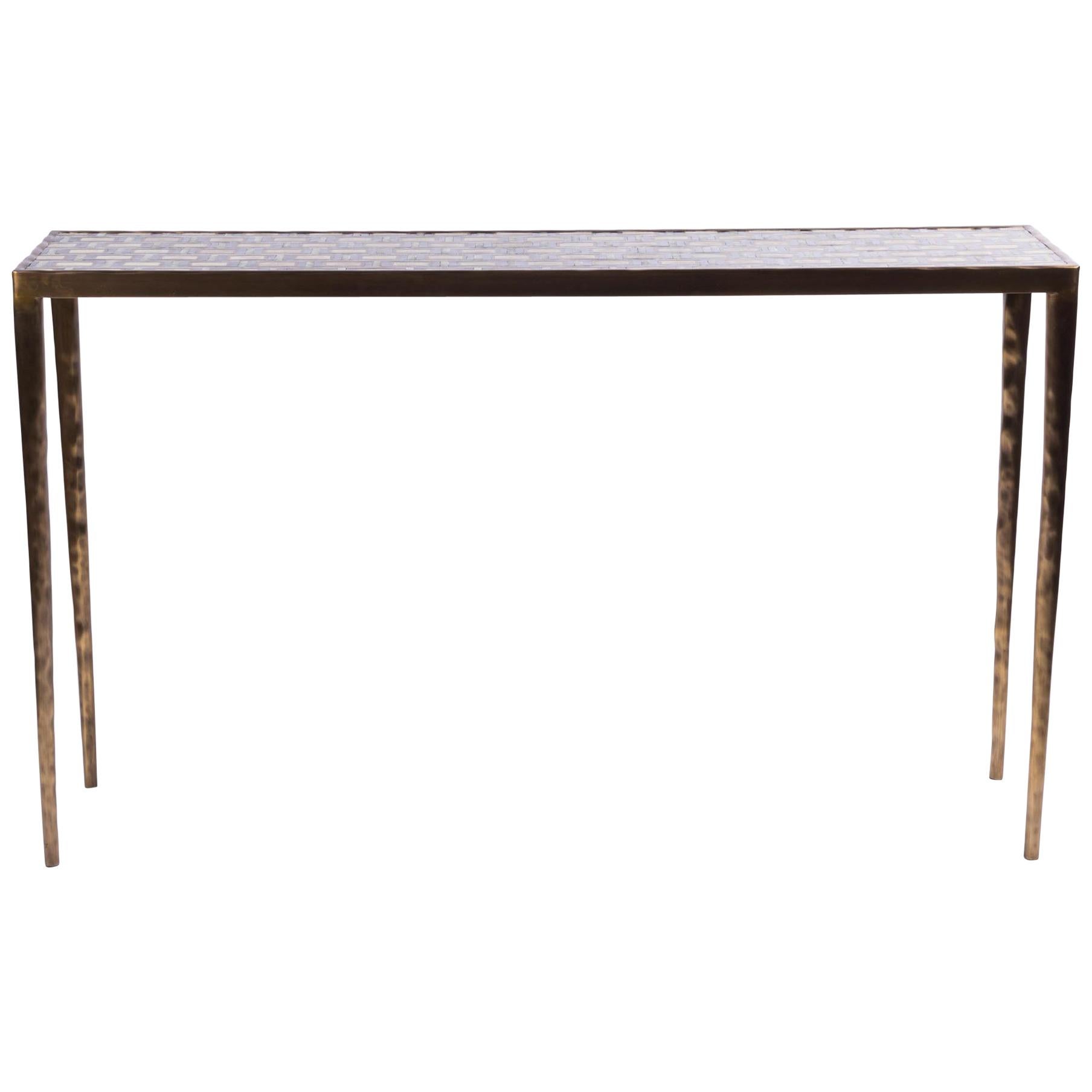 Block Pattern Console in Shagreen, Shell & Bronze-Patina Brass by R&Y Augousti For Sale