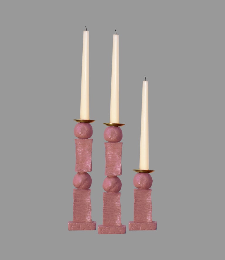 Block and Pearl Sculpted Contemporary Pink Candlestick Set by Margit