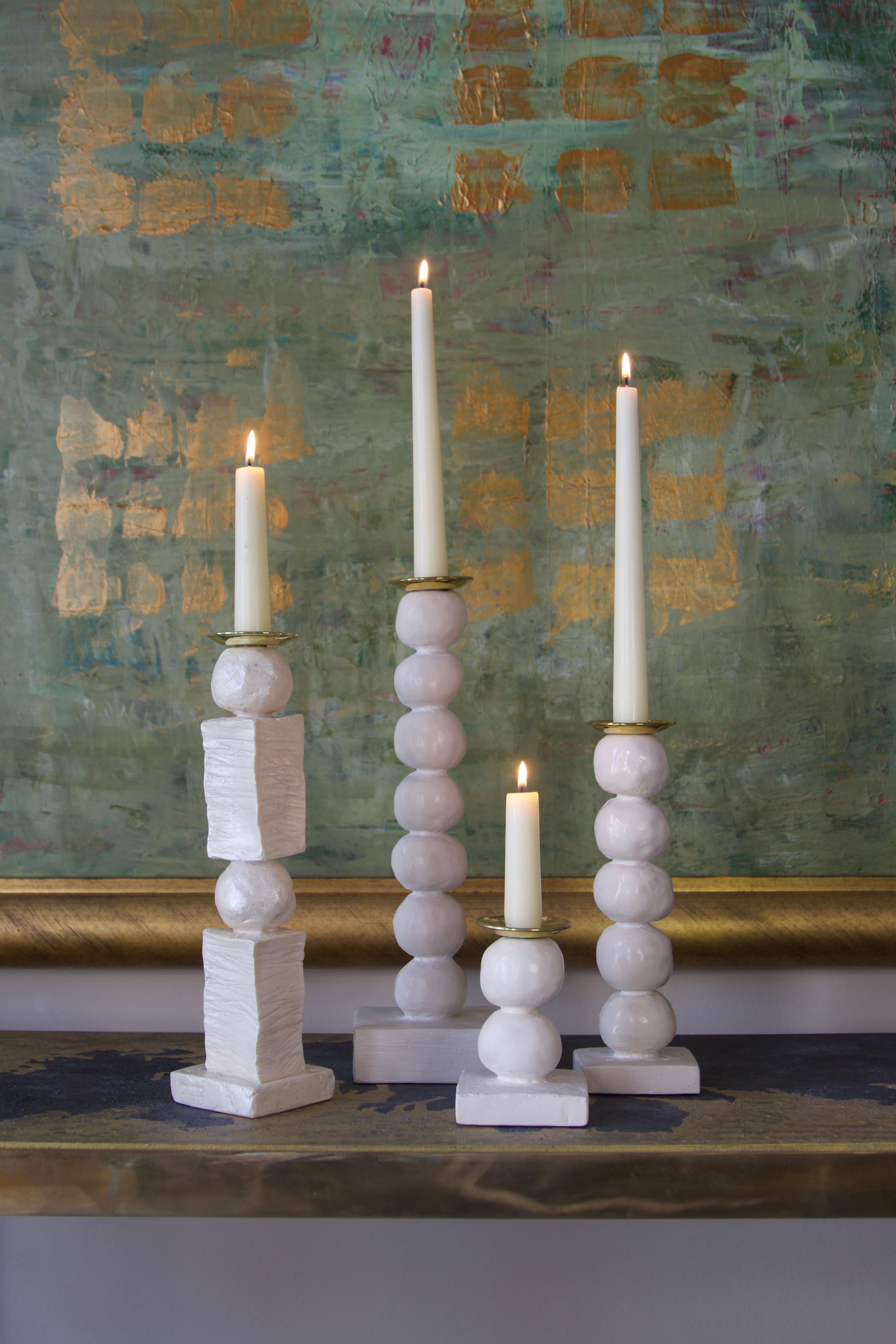 English Block & Pearl Sculpted Contemporary Pink Candlestick Set by Margit Wittig For Sale