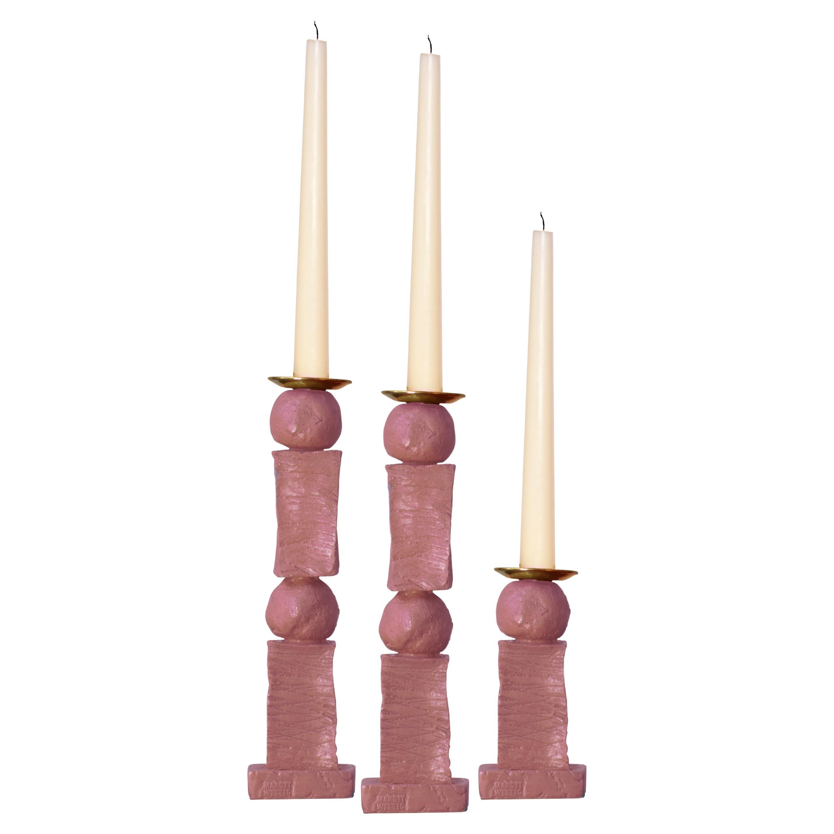 Block & Pearl Sculpted Contemporary Pink Candlestick Set by Margit Wittig For Sale