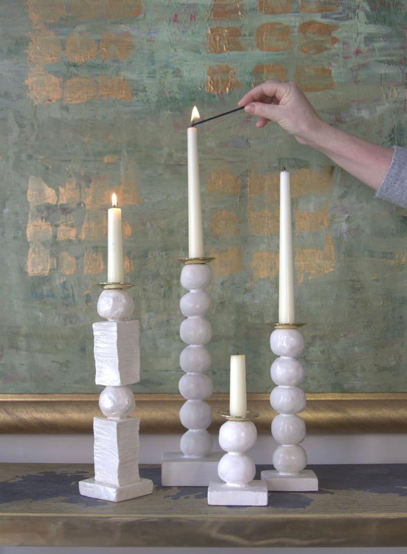 English Block & Pearl Sculpted Contemporary White Candlestick Set by Margit Wittig For Sale