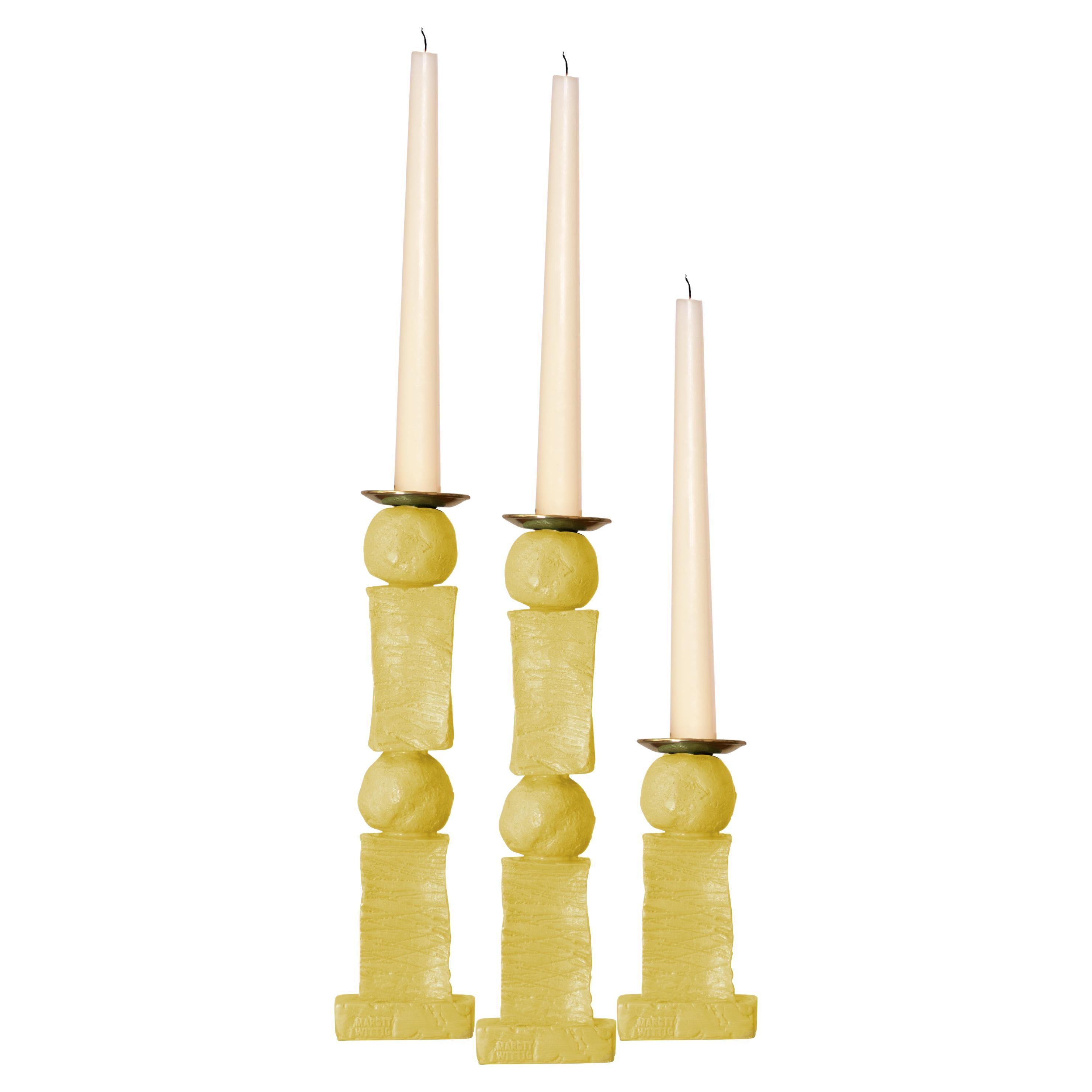 Block & Pearl Sculpted Contemporary Yellow Candlestick Set by Margit Wittig For Sale