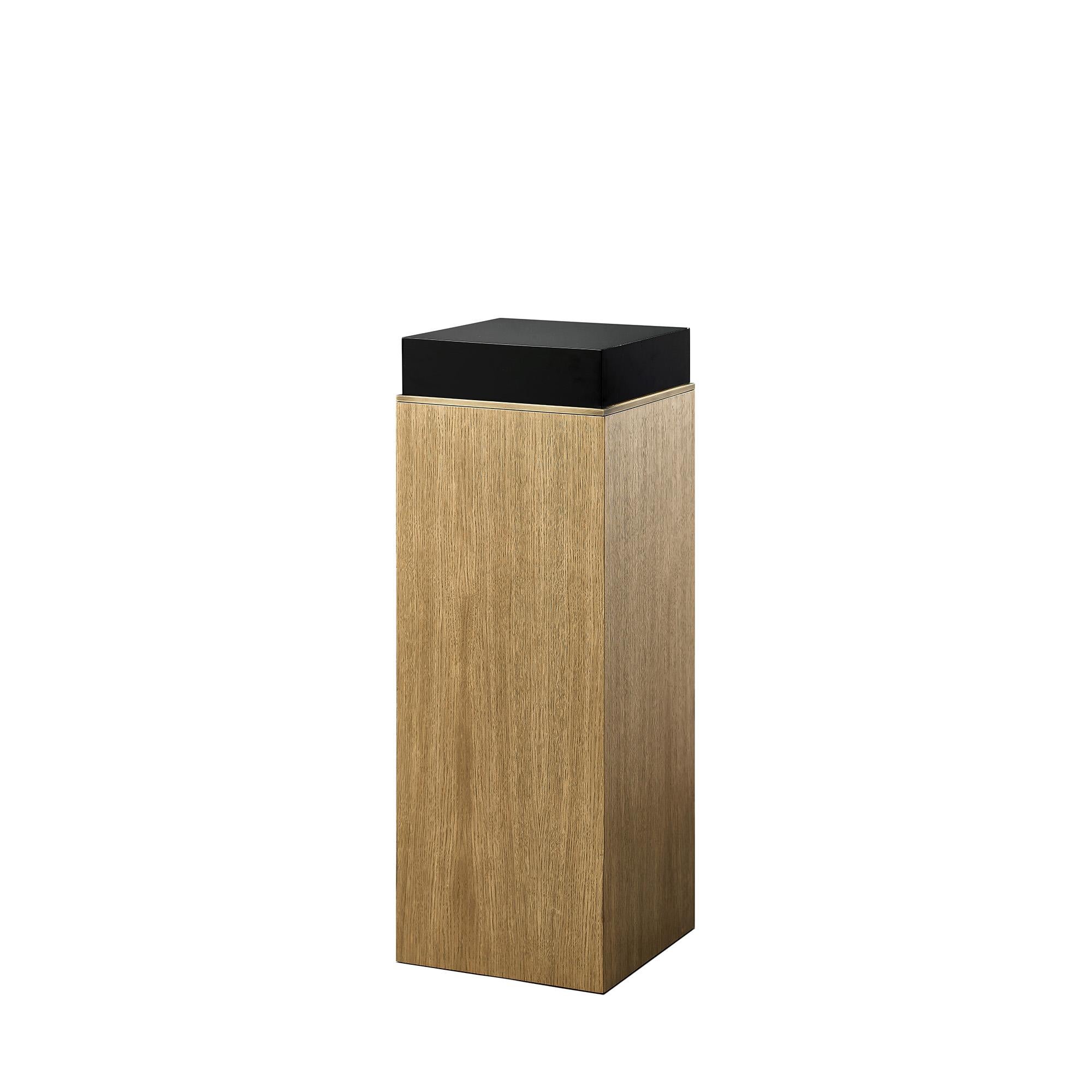 Block Pedestal by DUISTT 
Dimensions: W 35 x D 35 x H 100 cm
Materials: Black Limed Oak, High Gloss Black Lacquered Wood and Bronze

The BLOCK pedestal is a strong piece composed of clean lines and allowing a variety of finishes. The black limed oak