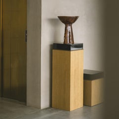 High Square-based Pedestal BLOCK, Natural Limed Oak, Lacquered Wood & Brass