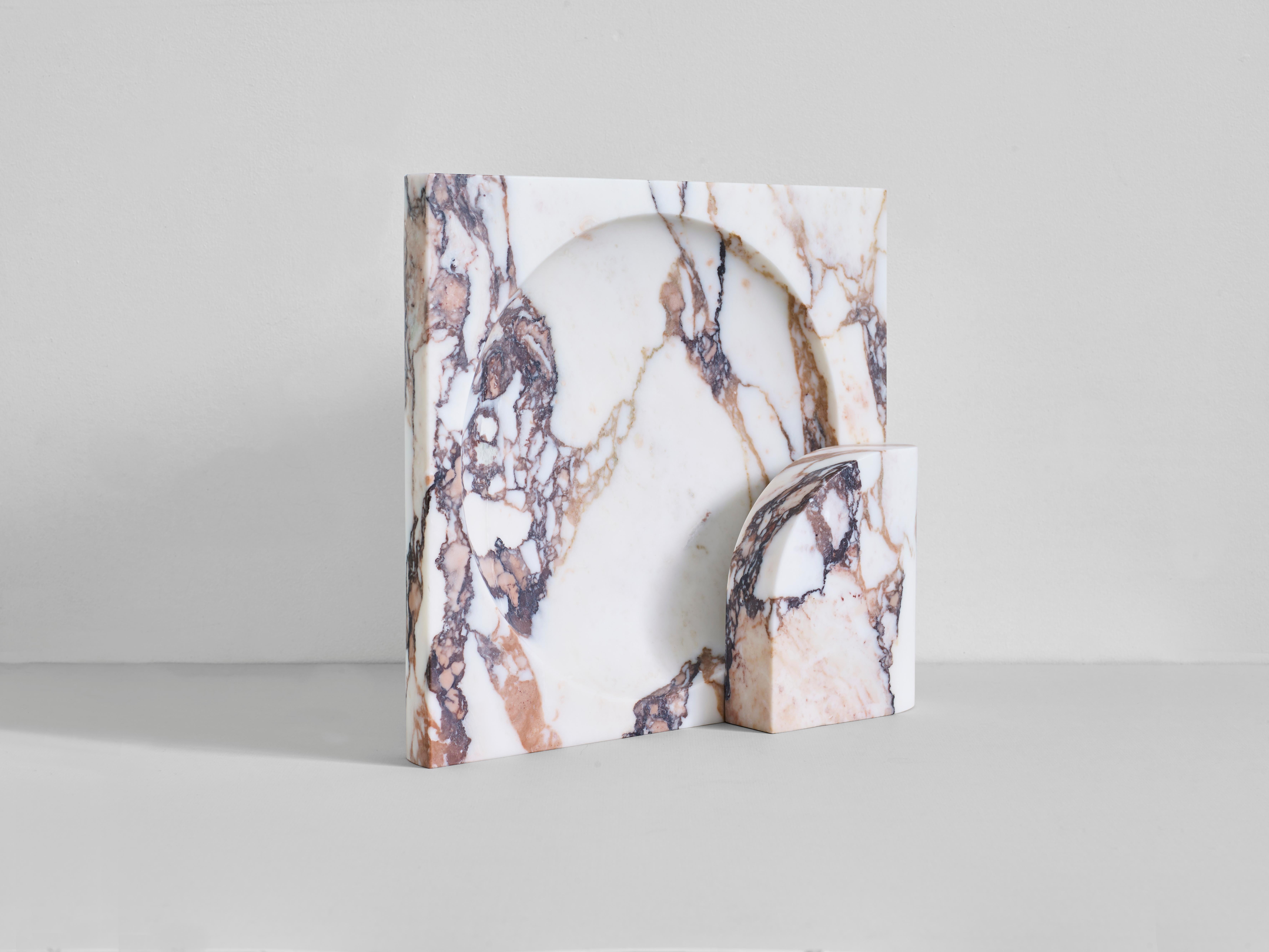 Block sconce in Calacatta Viola Marble by Henry Wilson
This sculptural item is handmade in Sydney, Australia.

The block sconce in Calacatta Viola marble is a two-piece stone light with captured bulb. Concealed mounting plate fixes the front and