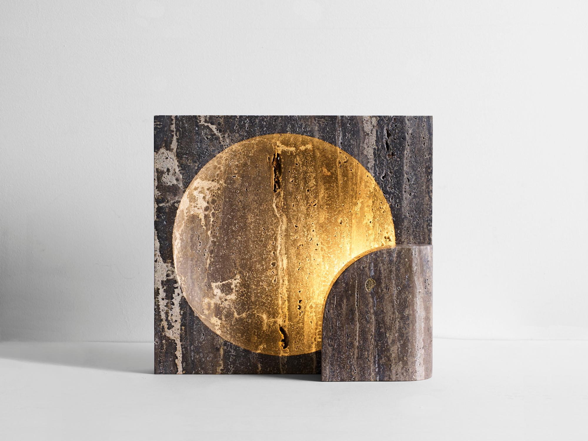 Block, Sculpted Travertine Table Lamp by Henry Wilson 1