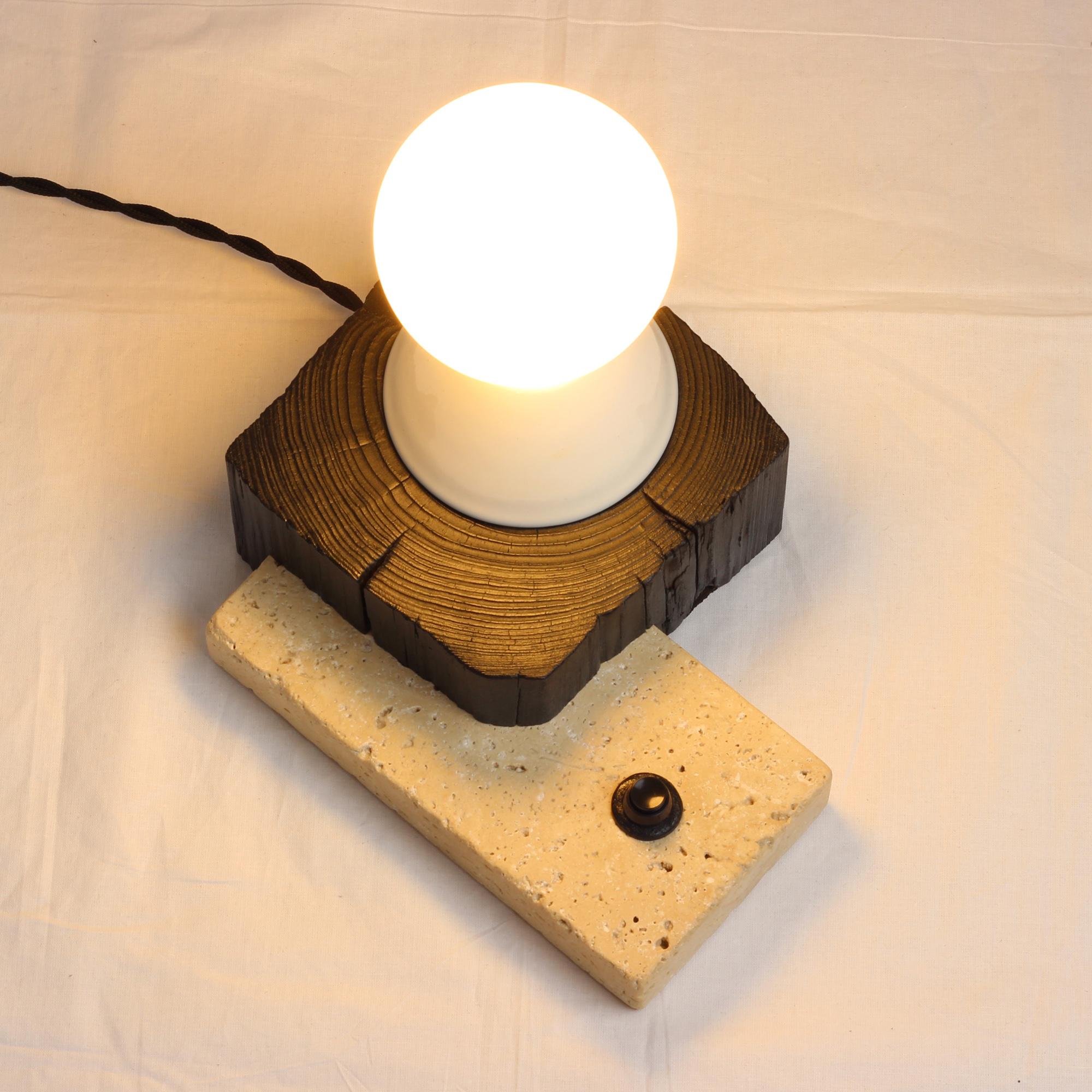 Block, Sculptured Lighting, Table Lamp from Reclaimed Burned Wood and Stone For Sale 2