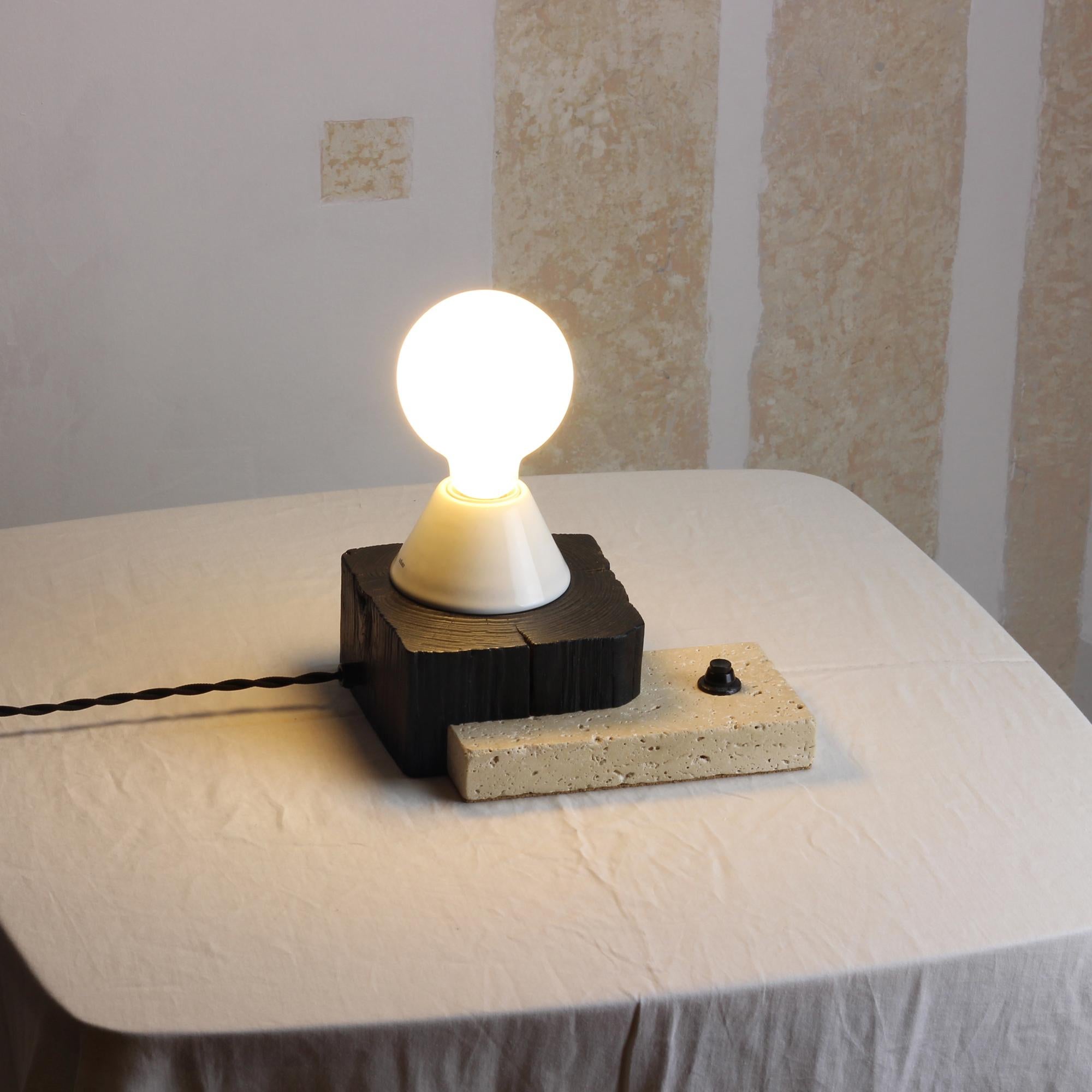 Modern Block, Sculptured Lighting, Table Lamp from Reclaimed Burned Wood and Stone For Sale